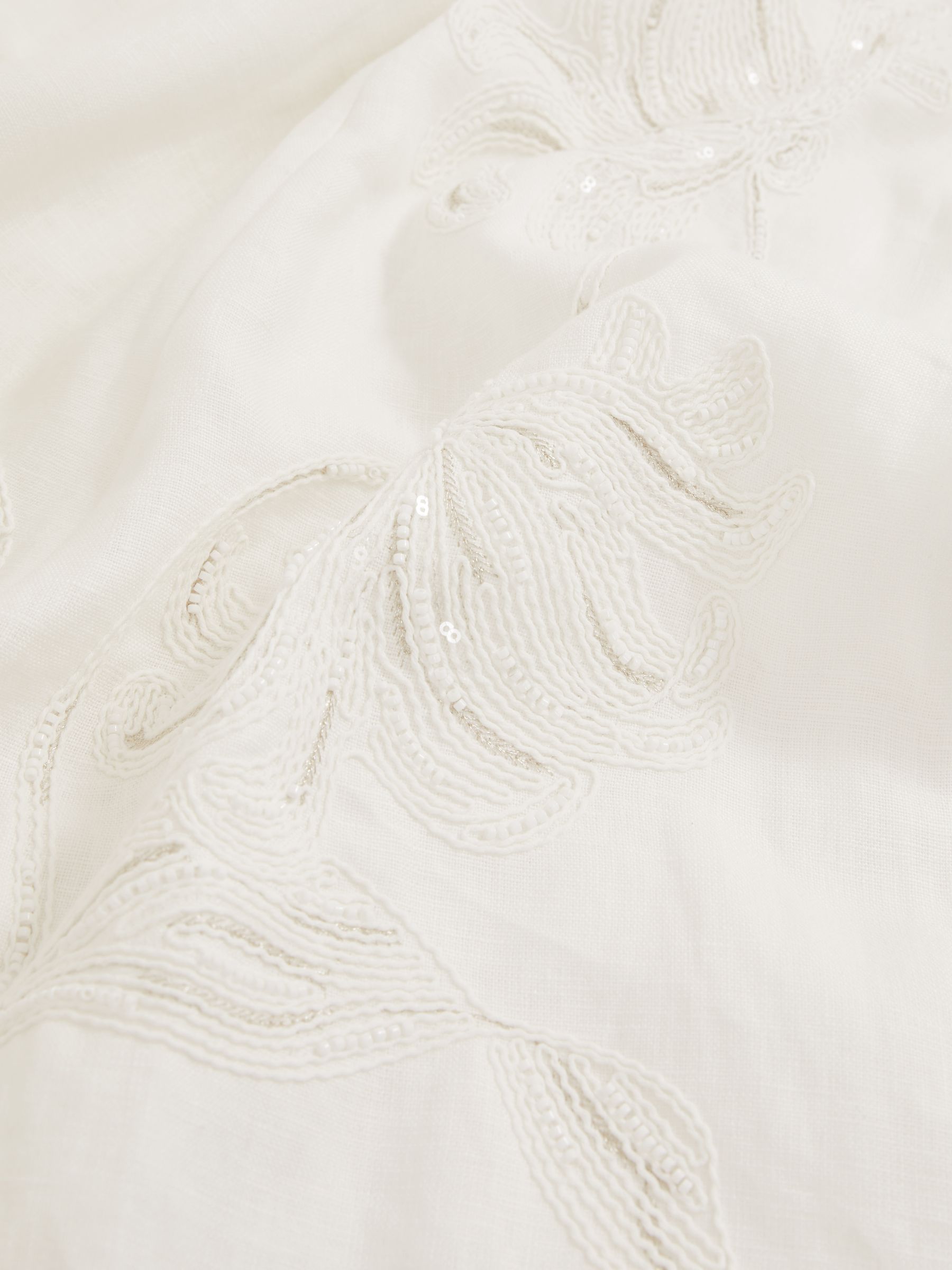 Linen Floral-Embroidered Midi Dress in Ivory