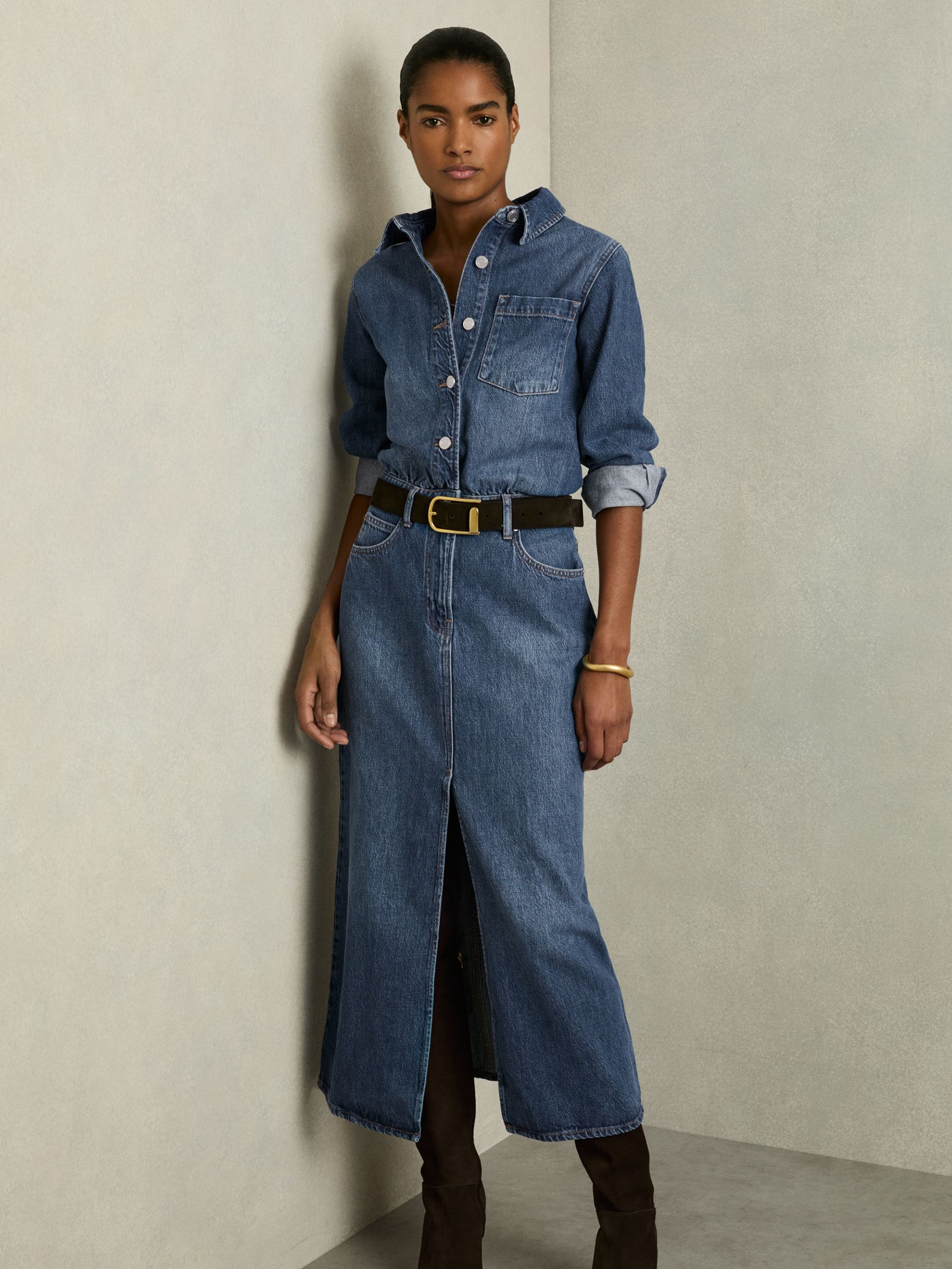 Denim Button-Through Midi Dress in Indigo