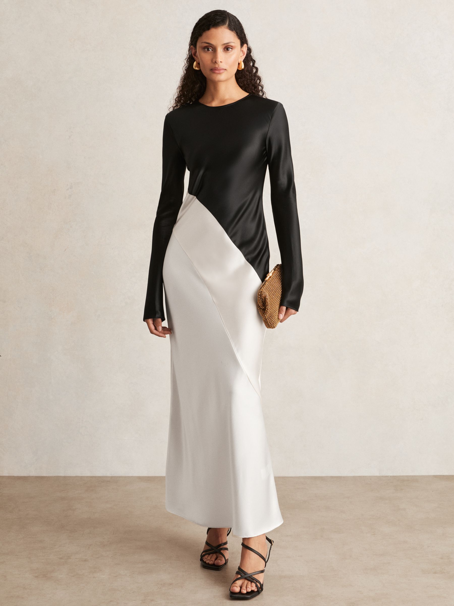 Acler Satin Colour Block Midi Dress in Ivory/Black