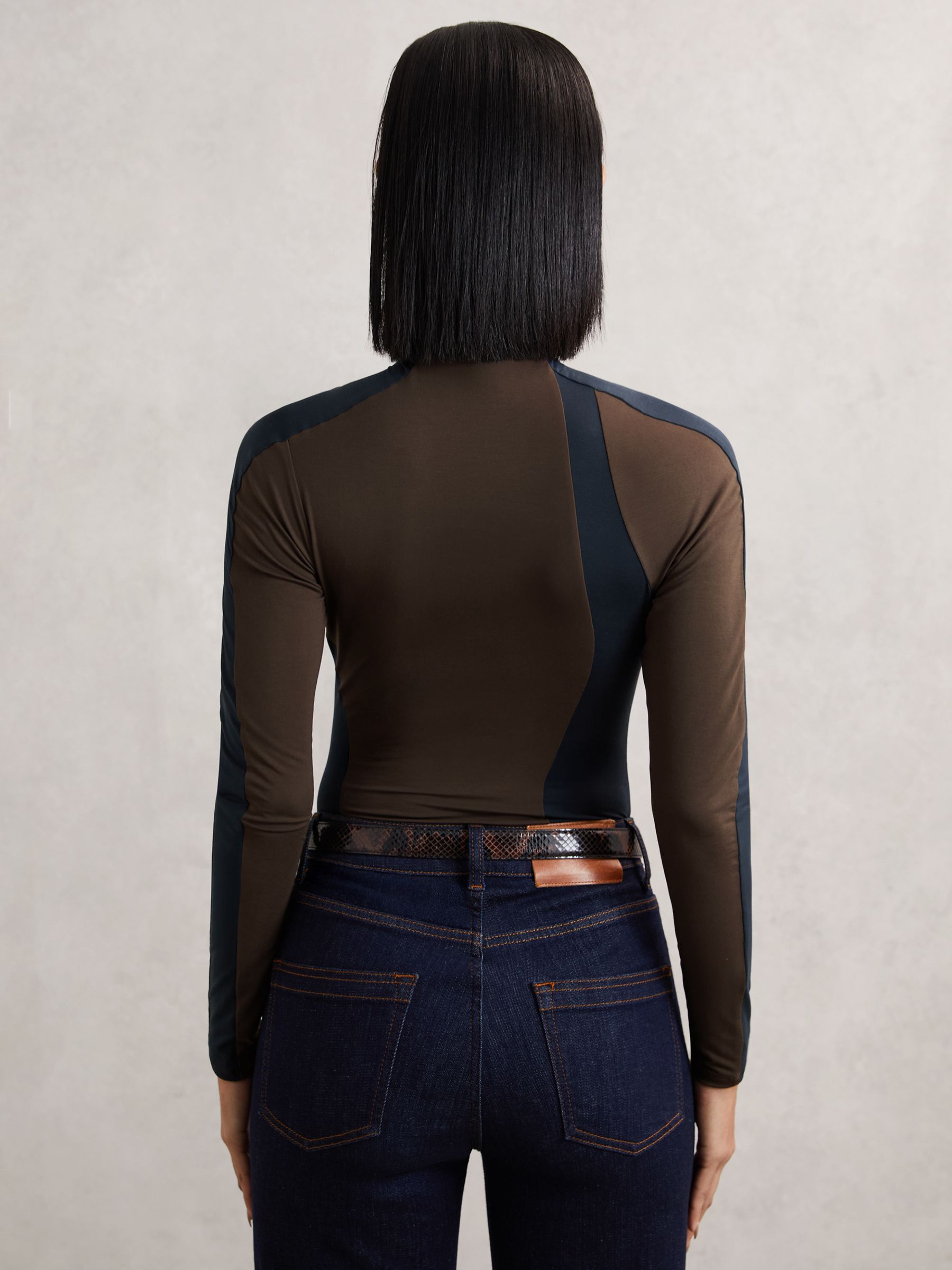 Stretch-Lyocell Panel Ruched Bodysuit in Navy/Camel