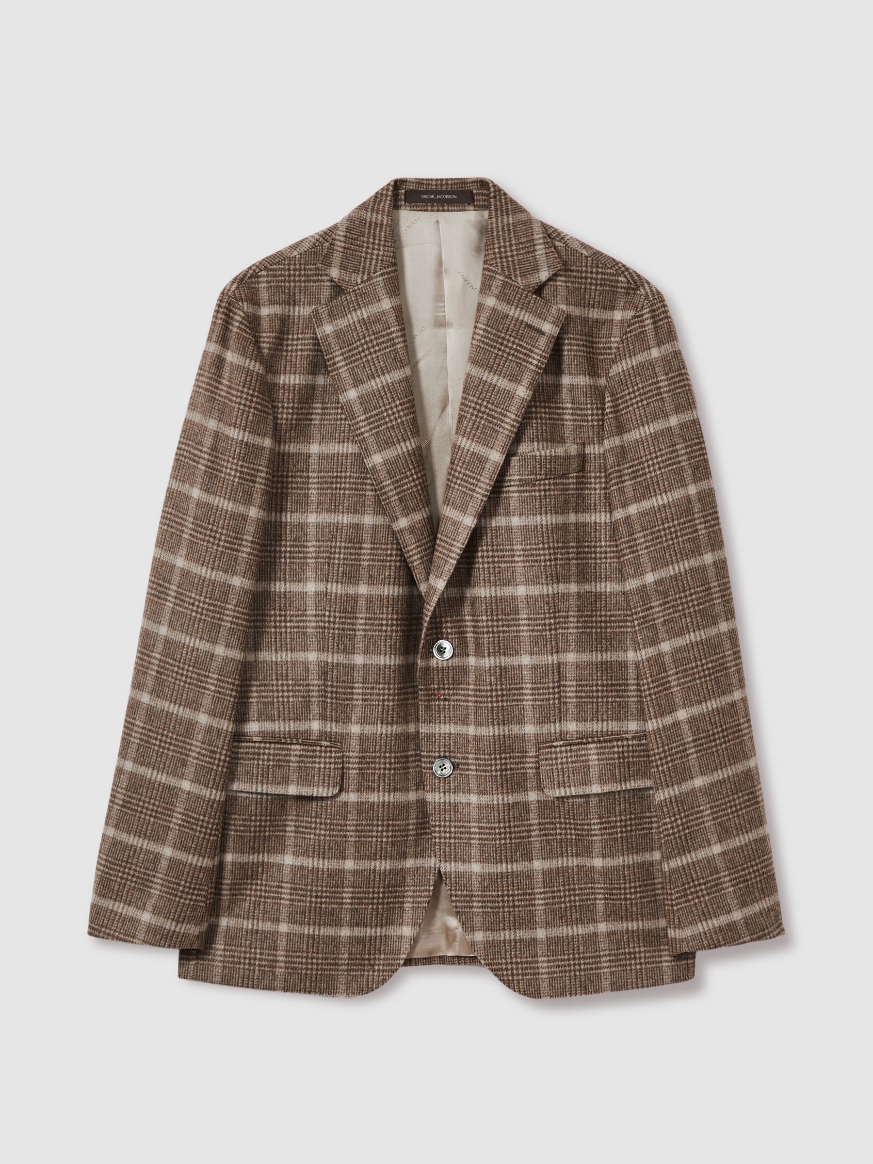 Oscar Jacobson Wool-Blend Single-Breasted Check Blazer in Dark Beige