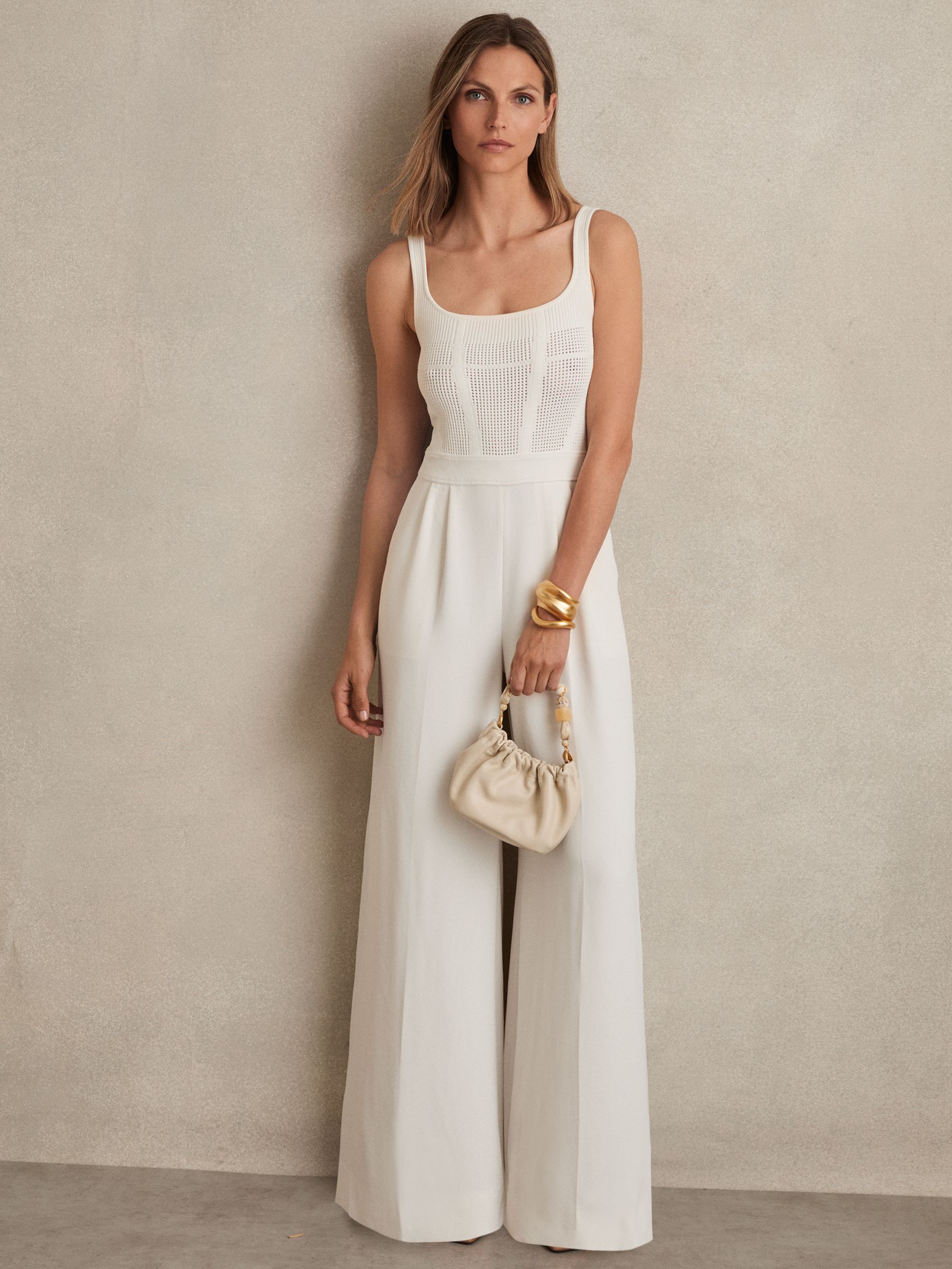Perforated-Knit Wide-Leg Jumpsuit in Ivory