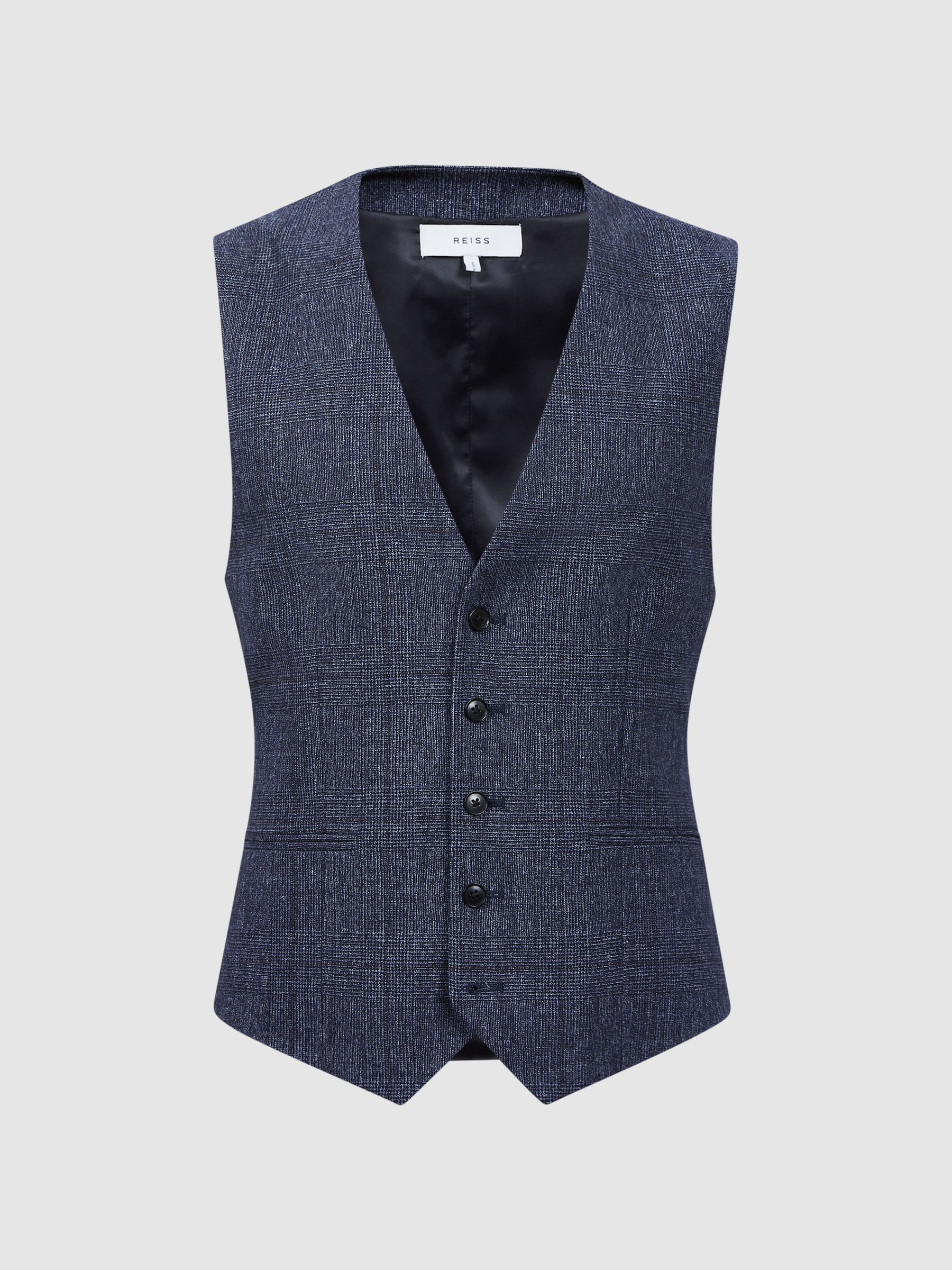 Slim Fit Wool-Linen Check Waistcoat in Indigo