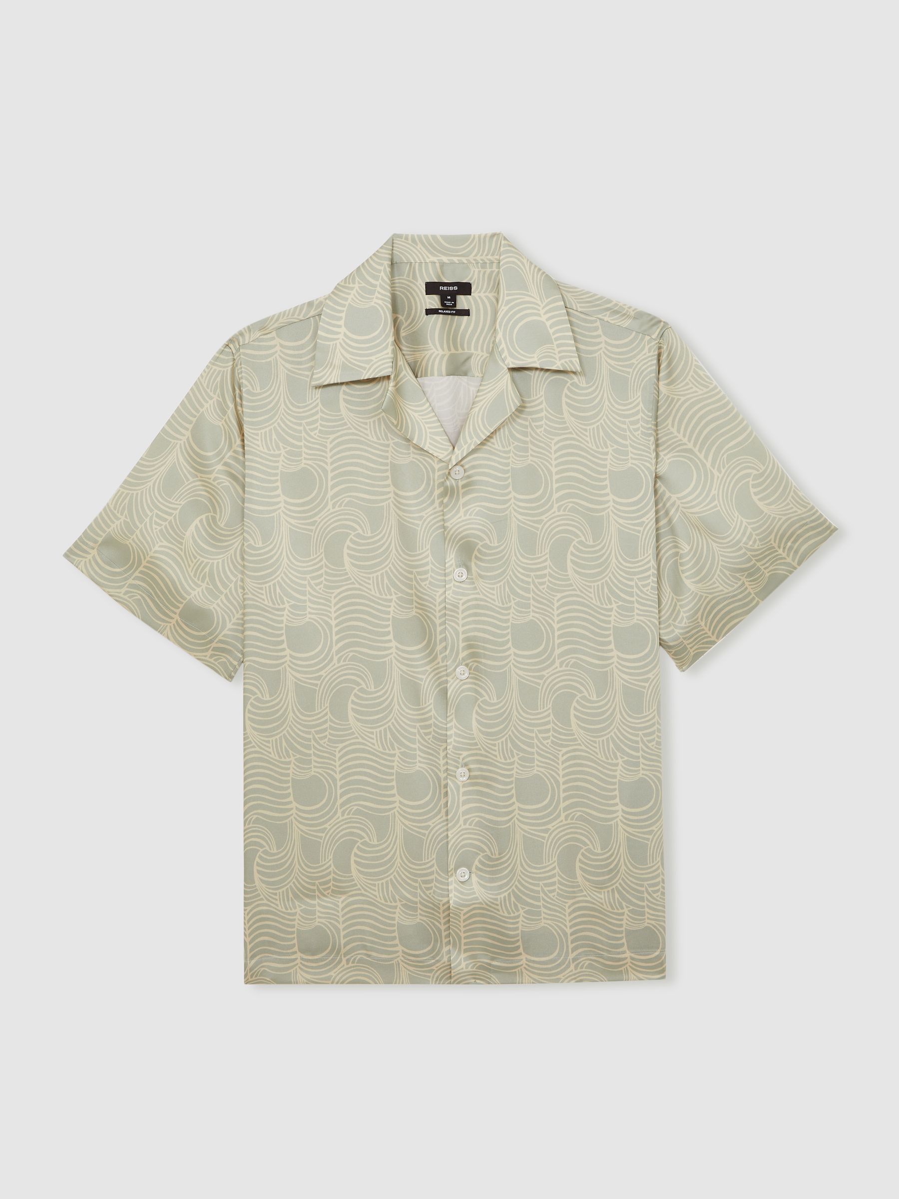 Wave Print Cuban Collar Shirt in Sage Green