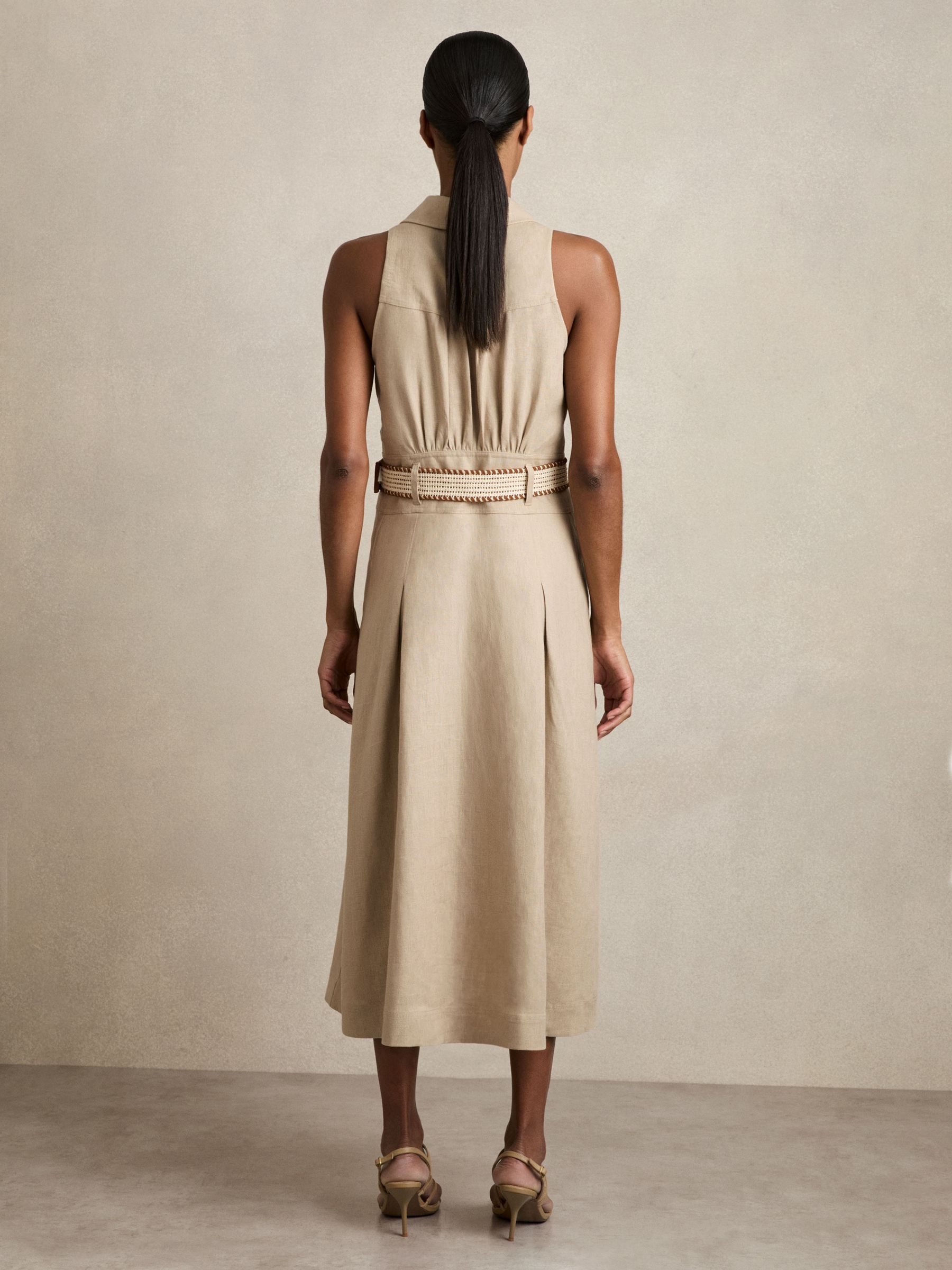 Linen Belted Sleeveless Midi Dress in Neutral