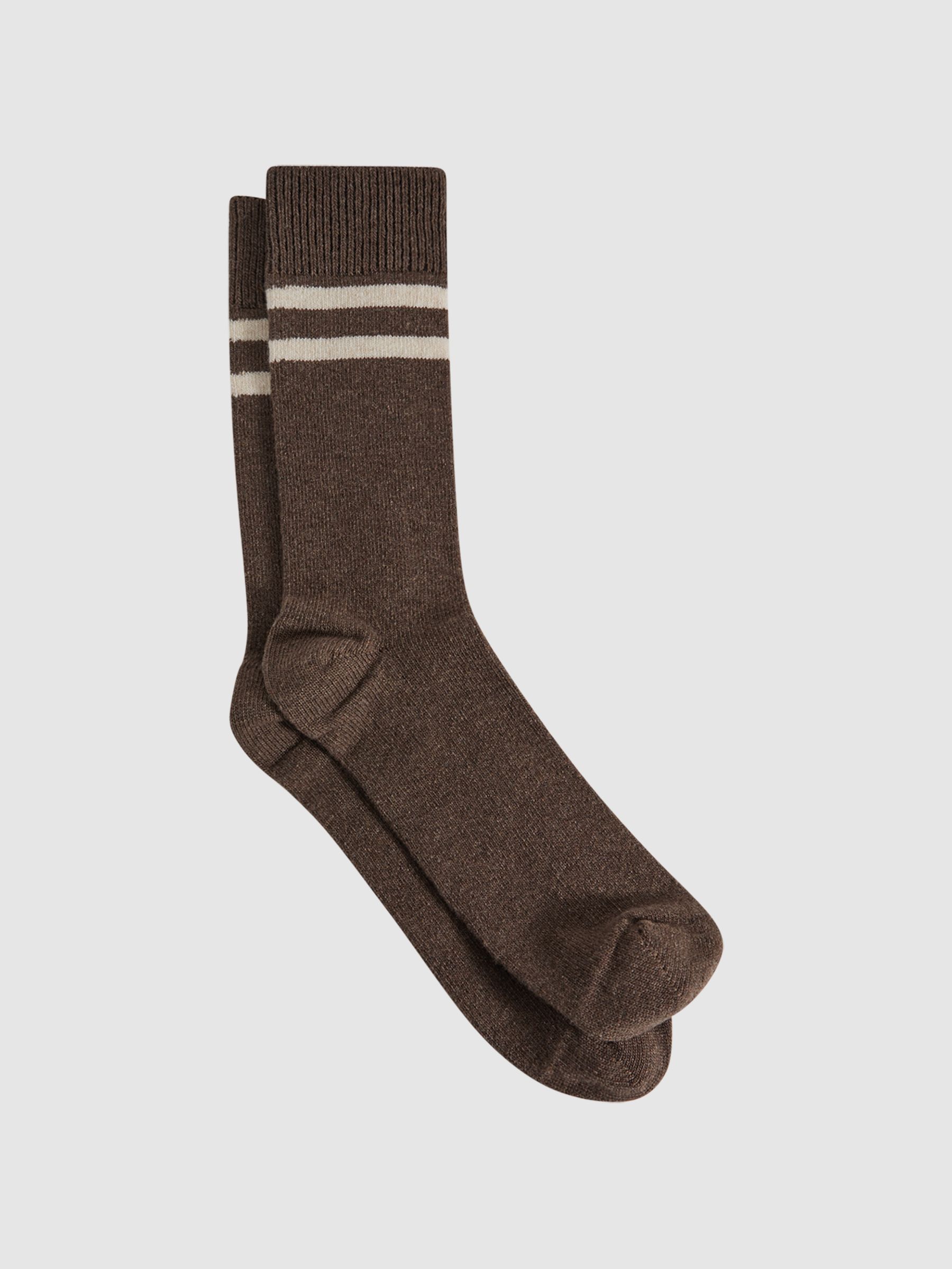 Wool Blend Striped Crew Socks in Brown Melange