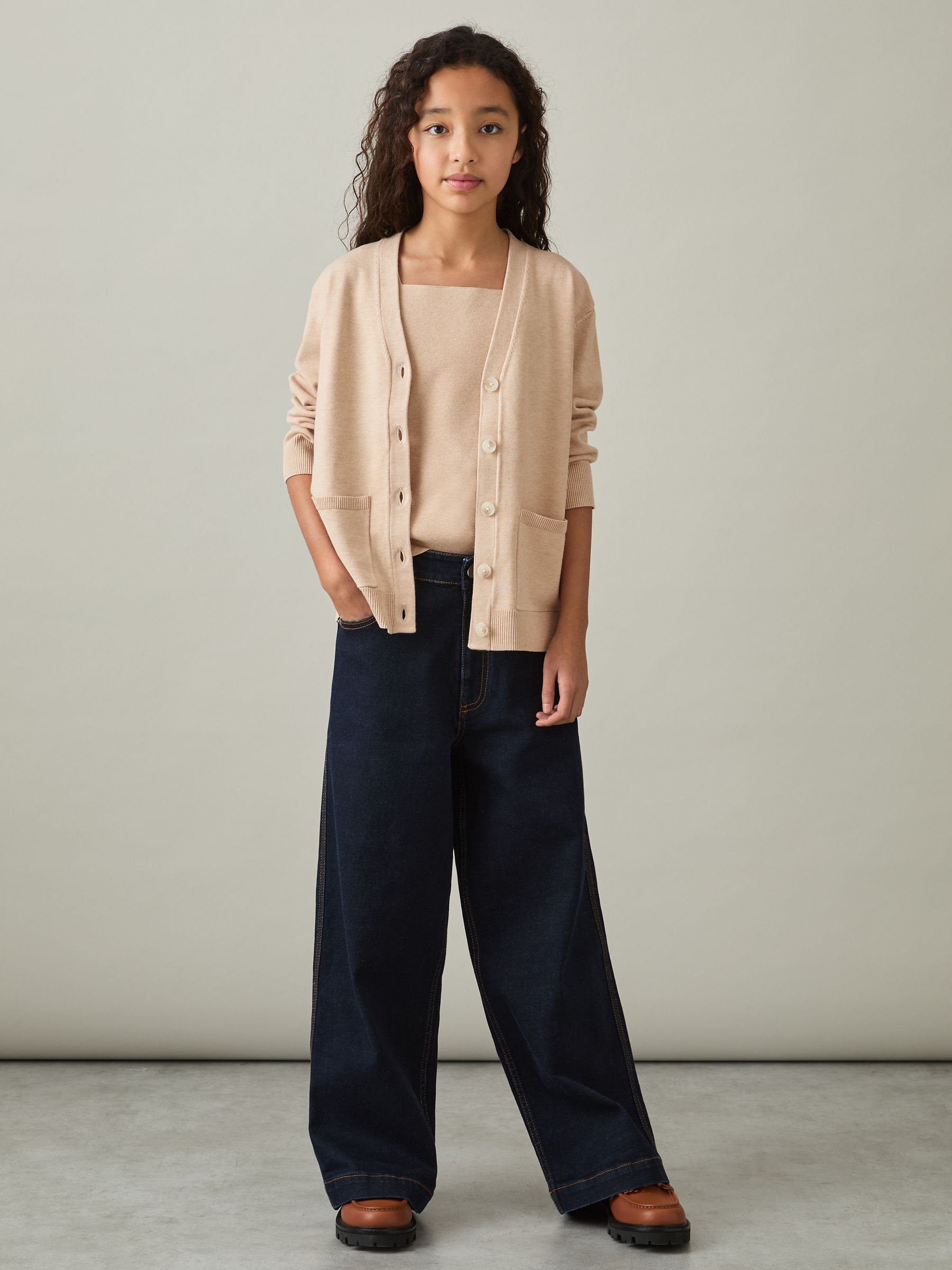 4-9 yrs Compact Knit Top And Cardigan Set in Camel