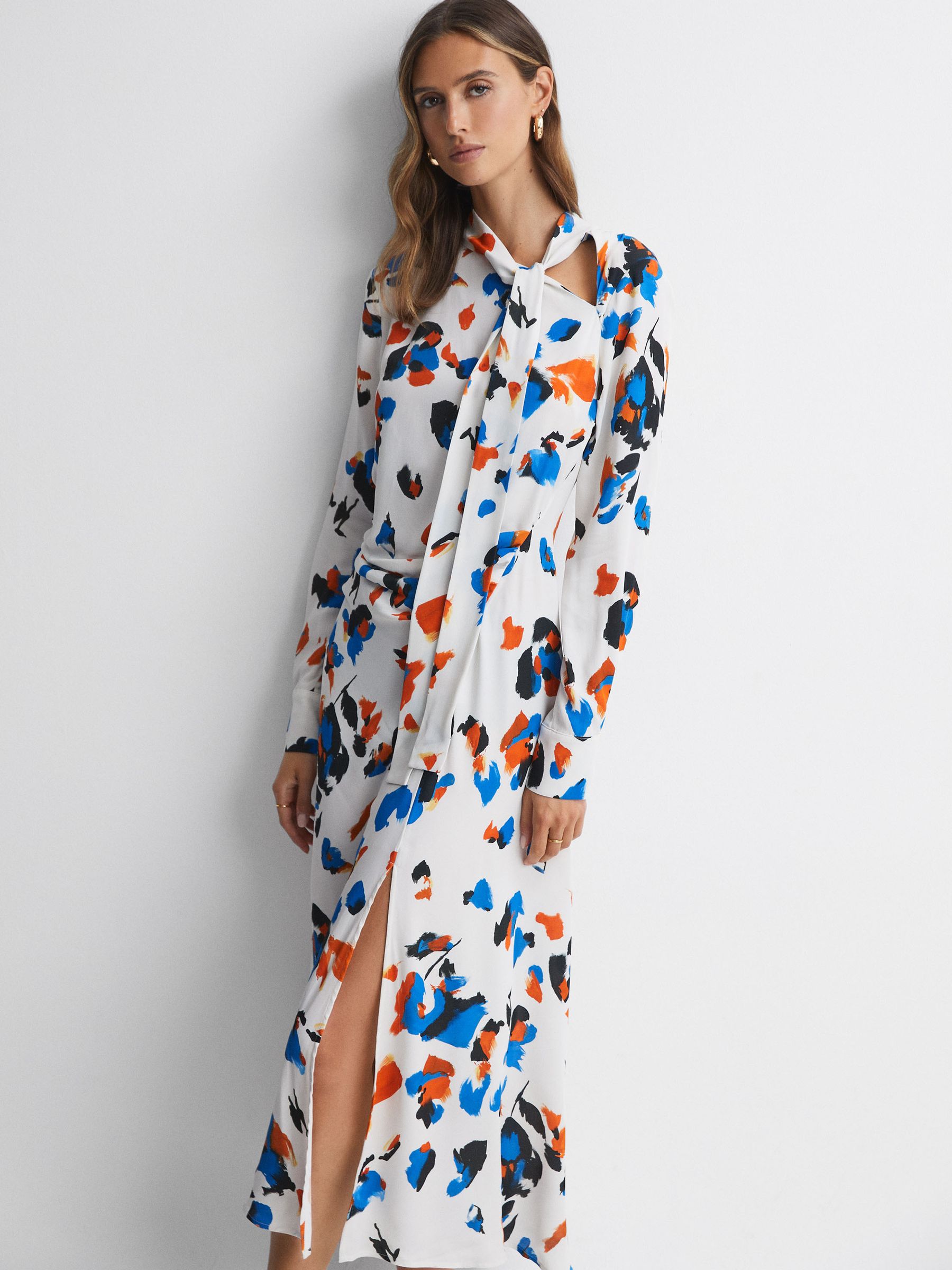 Printed Tie Neck Midi Dress in Blue