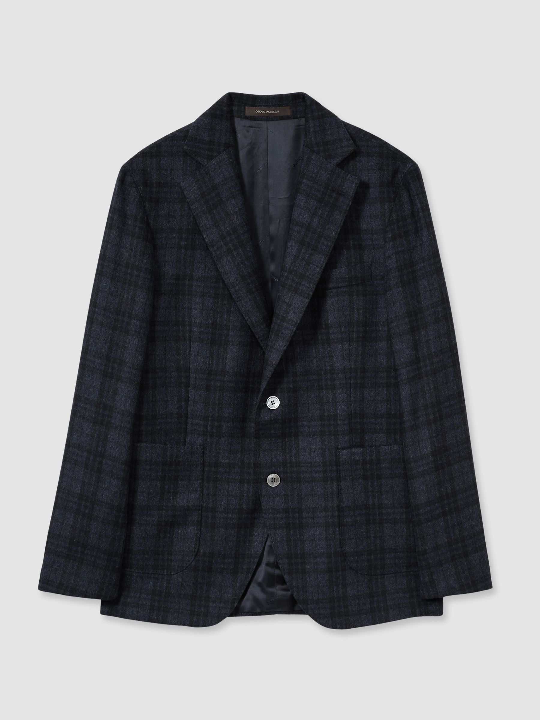 Oscar Jacobson Single Breasted Tweed Check Blazer in Navy