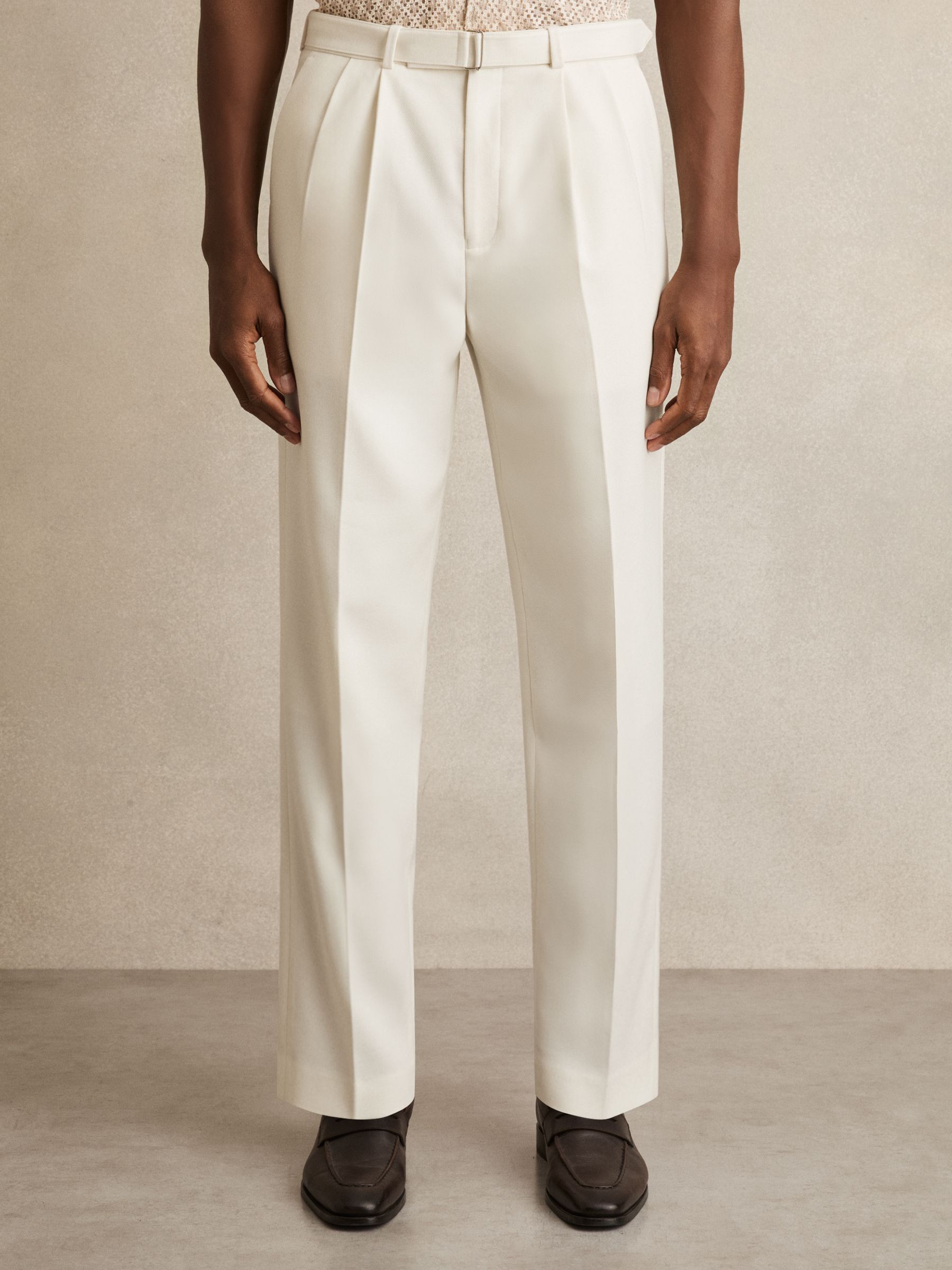 Wool-Blend Belted Trousers in White
