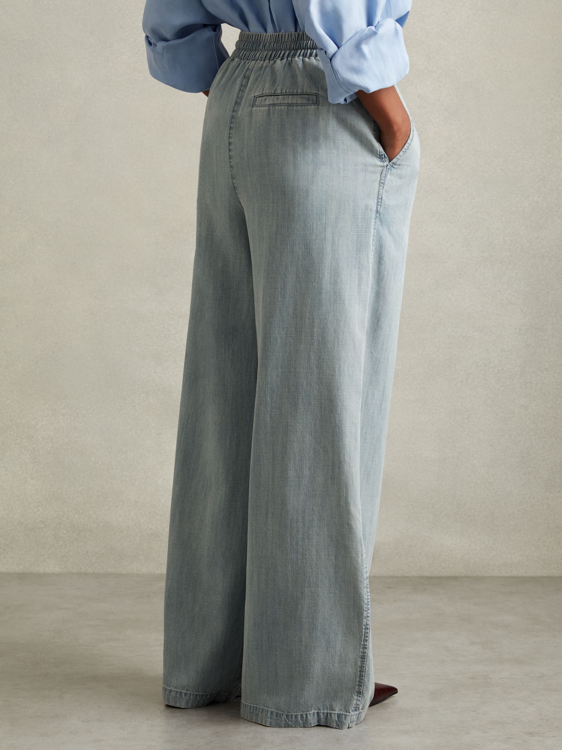 Denim Look Wide Leg Trousers in Light Blue