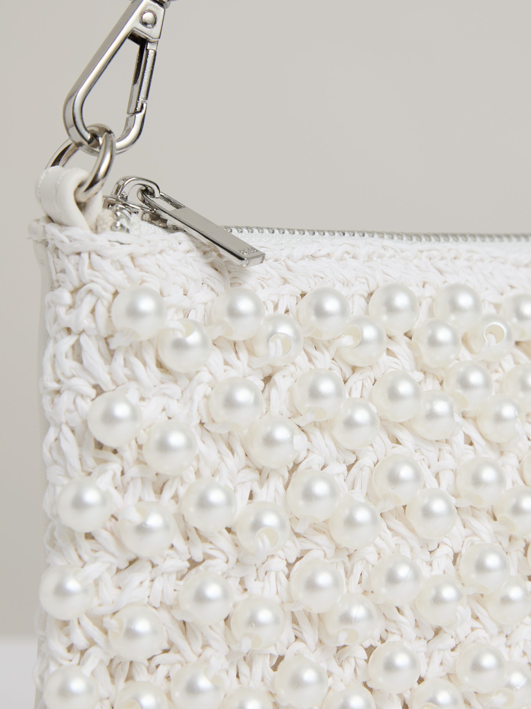 Faux-Pearl Raffia Shoulder Bag in White