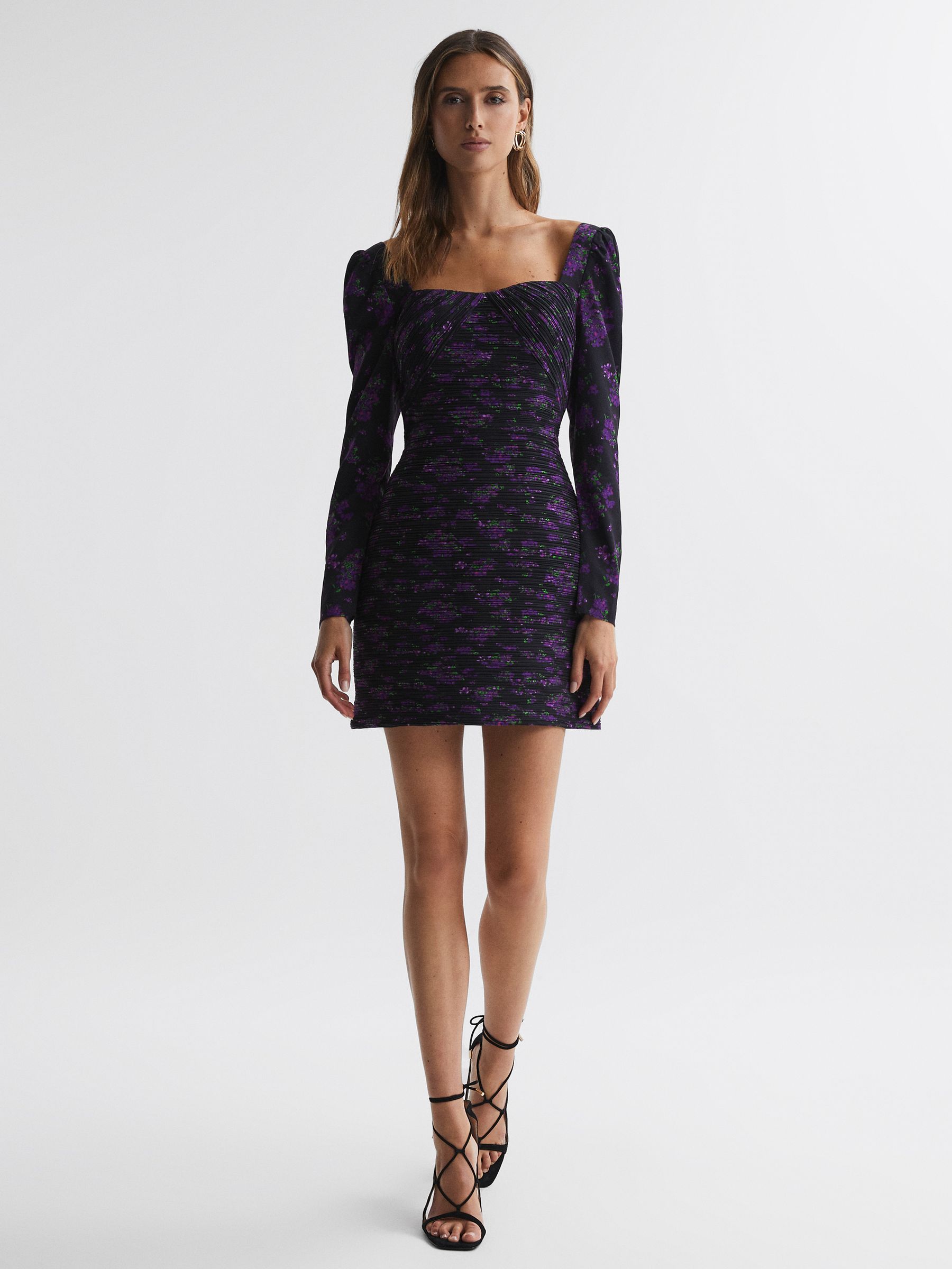 Amur Pleated Floral Bodycon Mini Dress in Hydrangea Berry