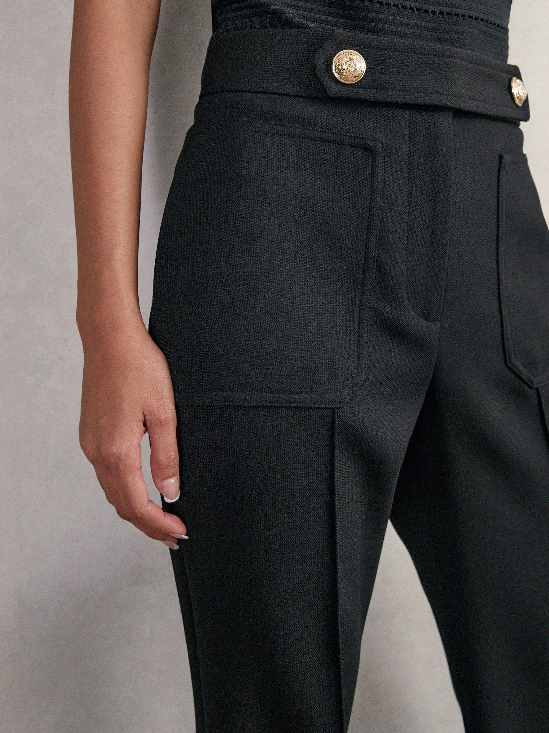 Twill Button-Tab Flared Trousers With Wool in Black