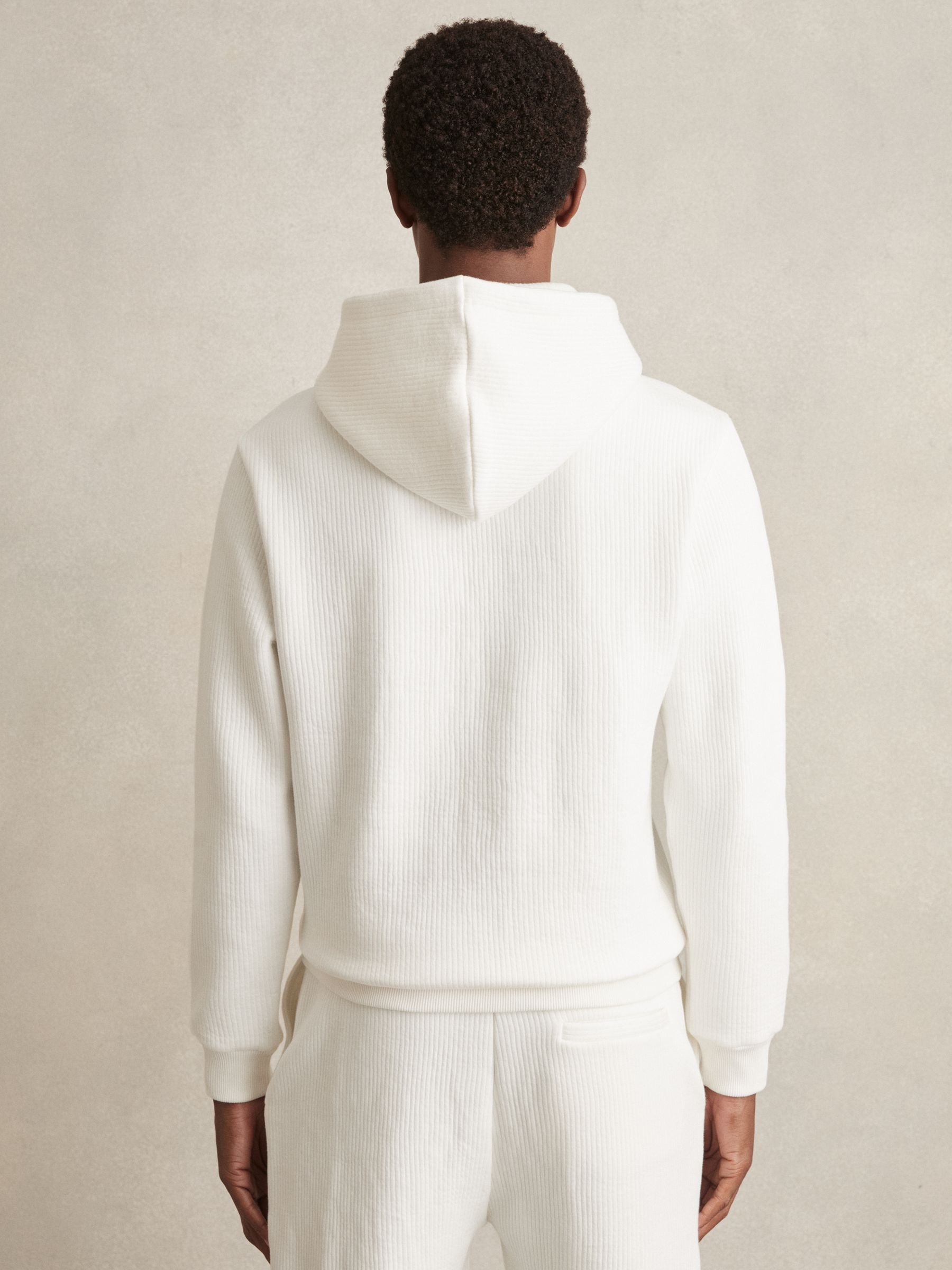 Cotton-Blend Rib-Knit Hoodie in White