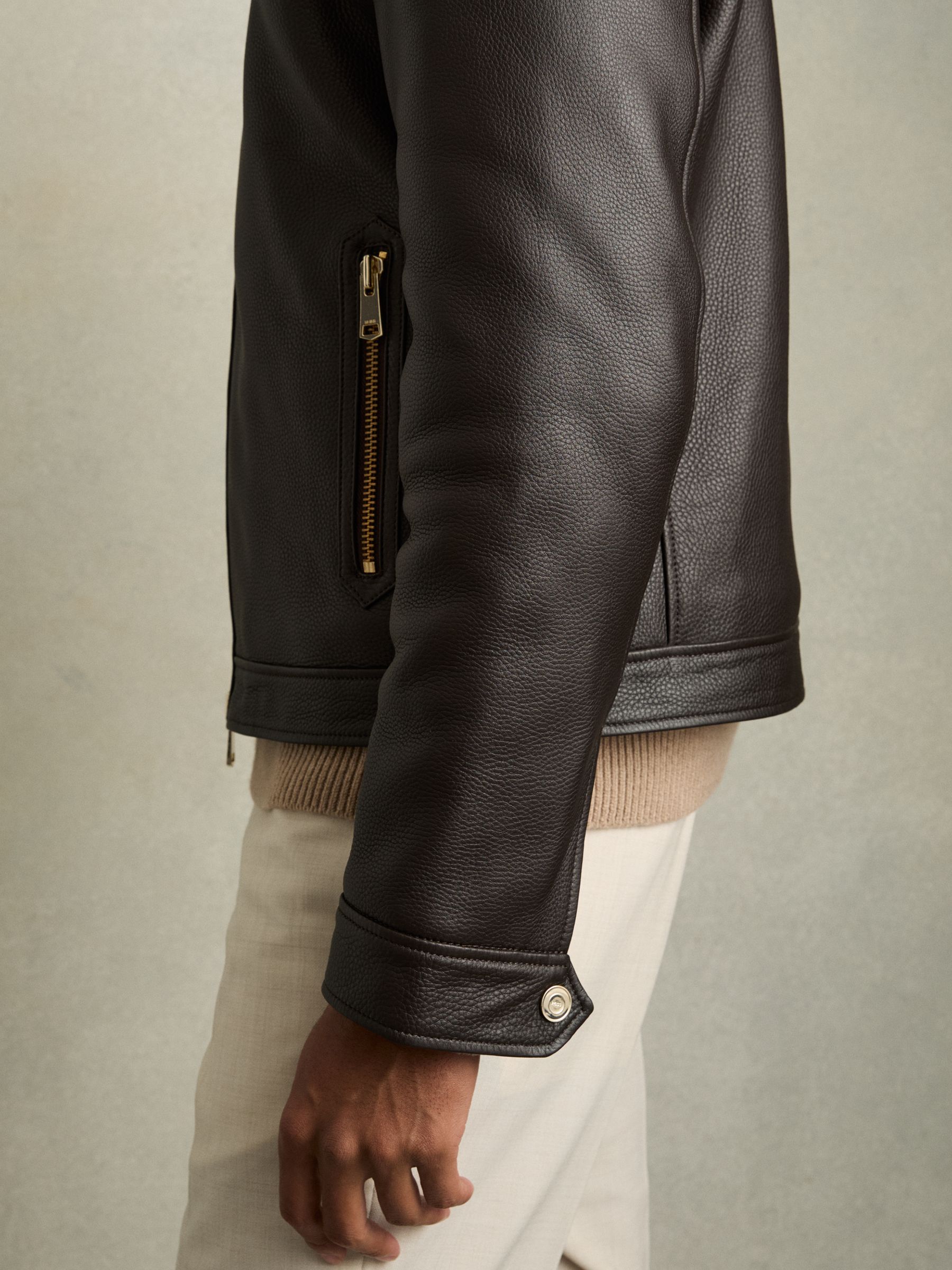Shearling-Collar Leather Jacket in Dark Brown