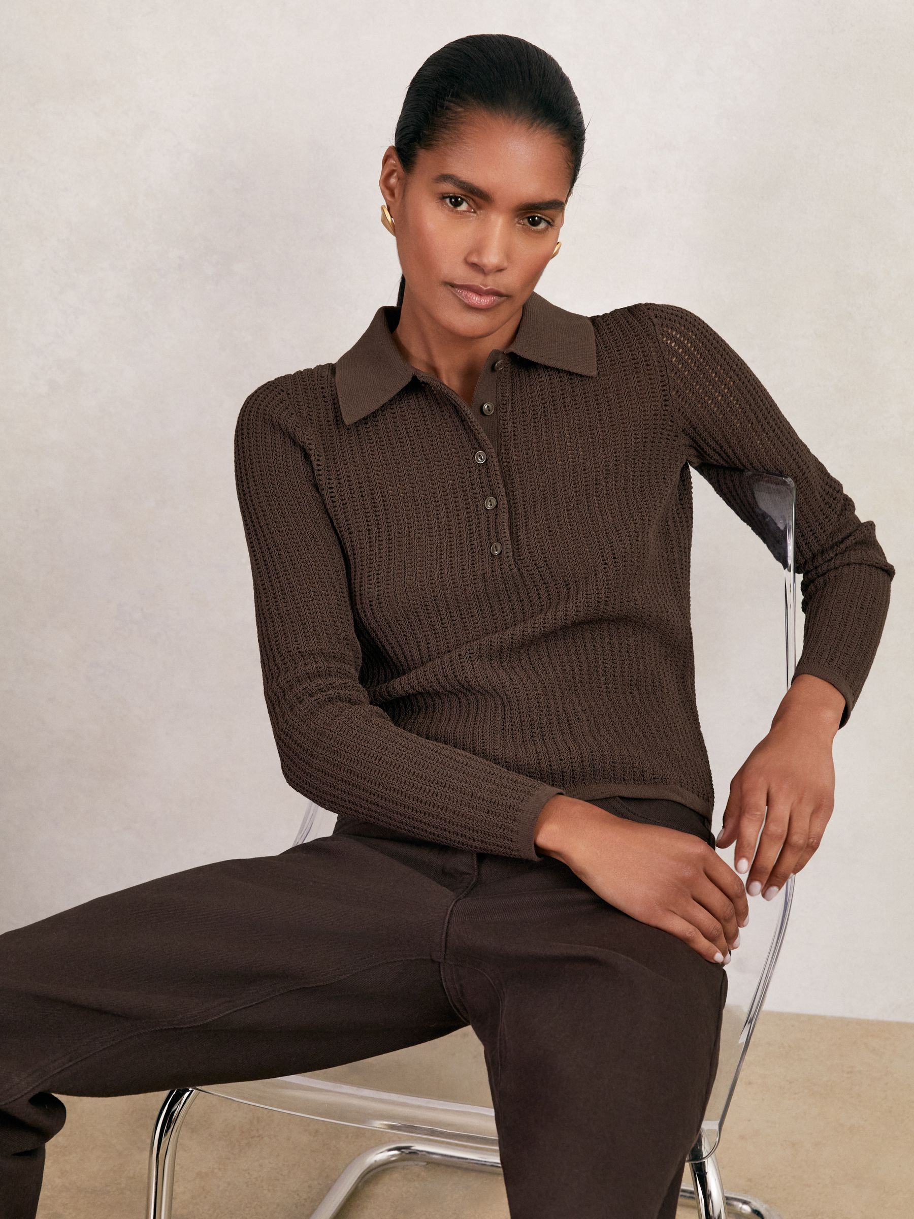 Open-Knit Long-Sleeve Polo Top in Chocolate Brown