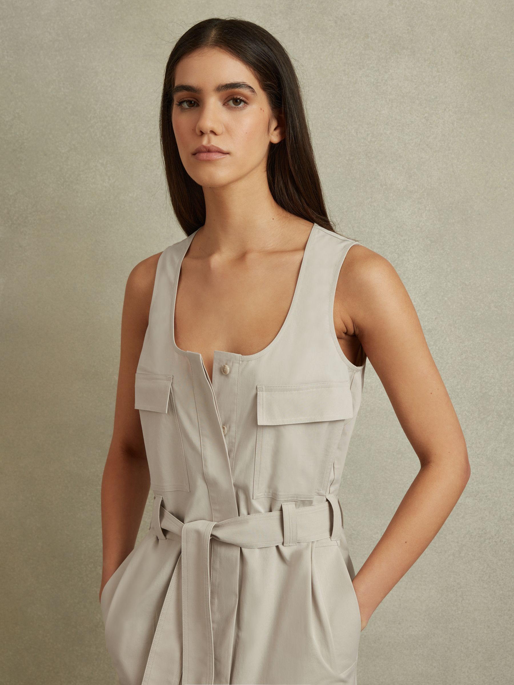 Utility Belted Midi Dress in Stone
