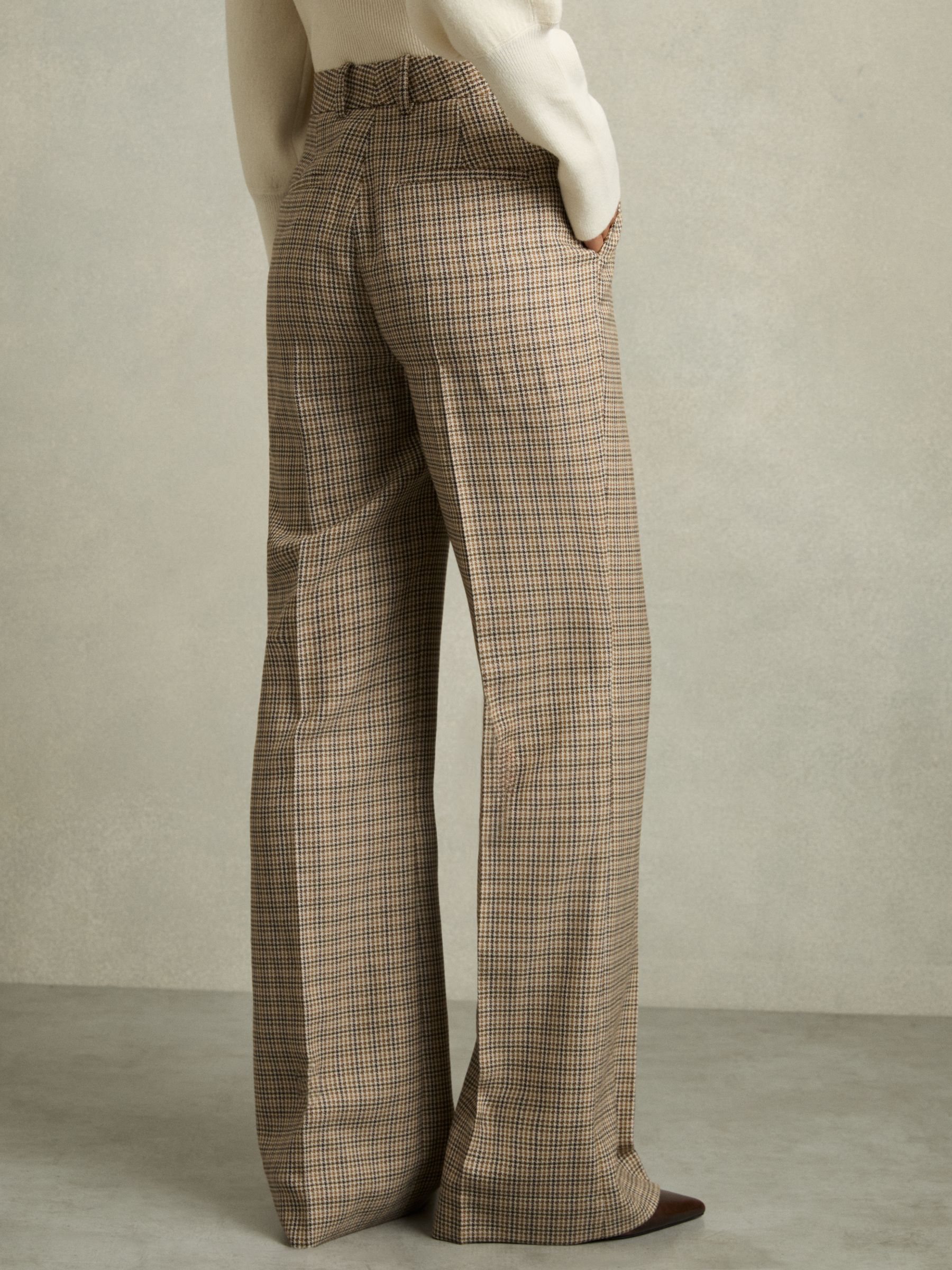 Petite Wool Wide-Leg Houndstooth-Check Trousers in Brown Check