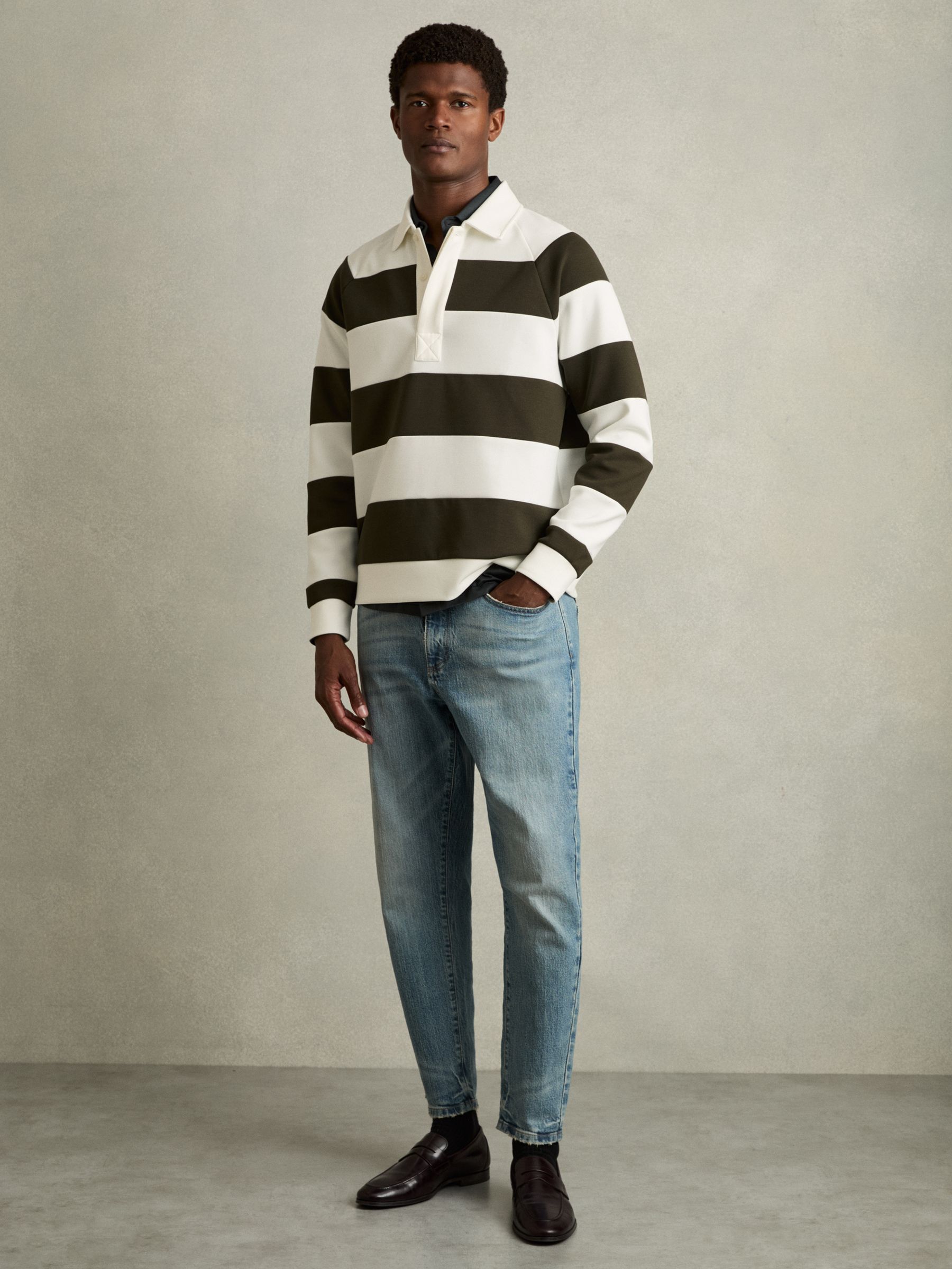 Rugby-Stripe Long-Sleeve T-Shirt in White/Dark Green