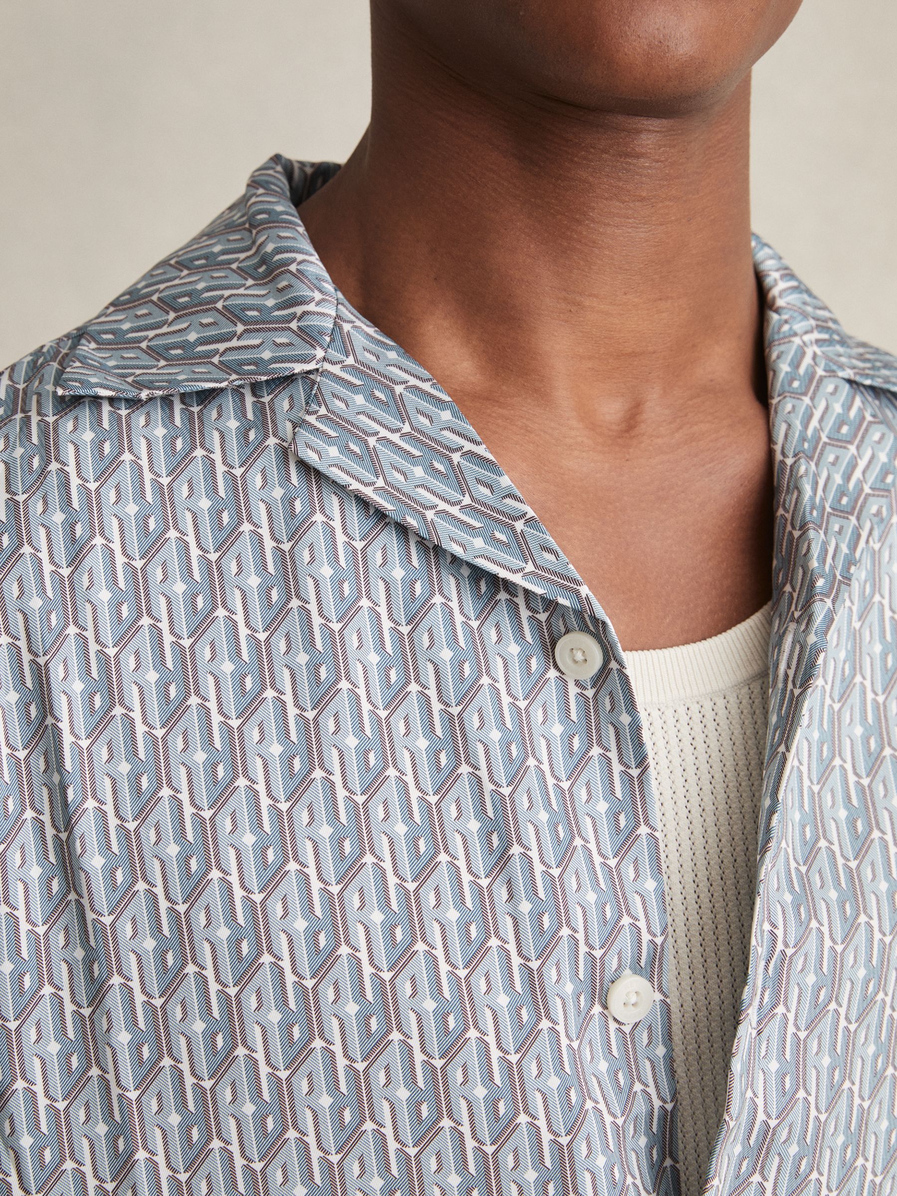 Monogram-Print Cuban-Collar Shirt in Blue