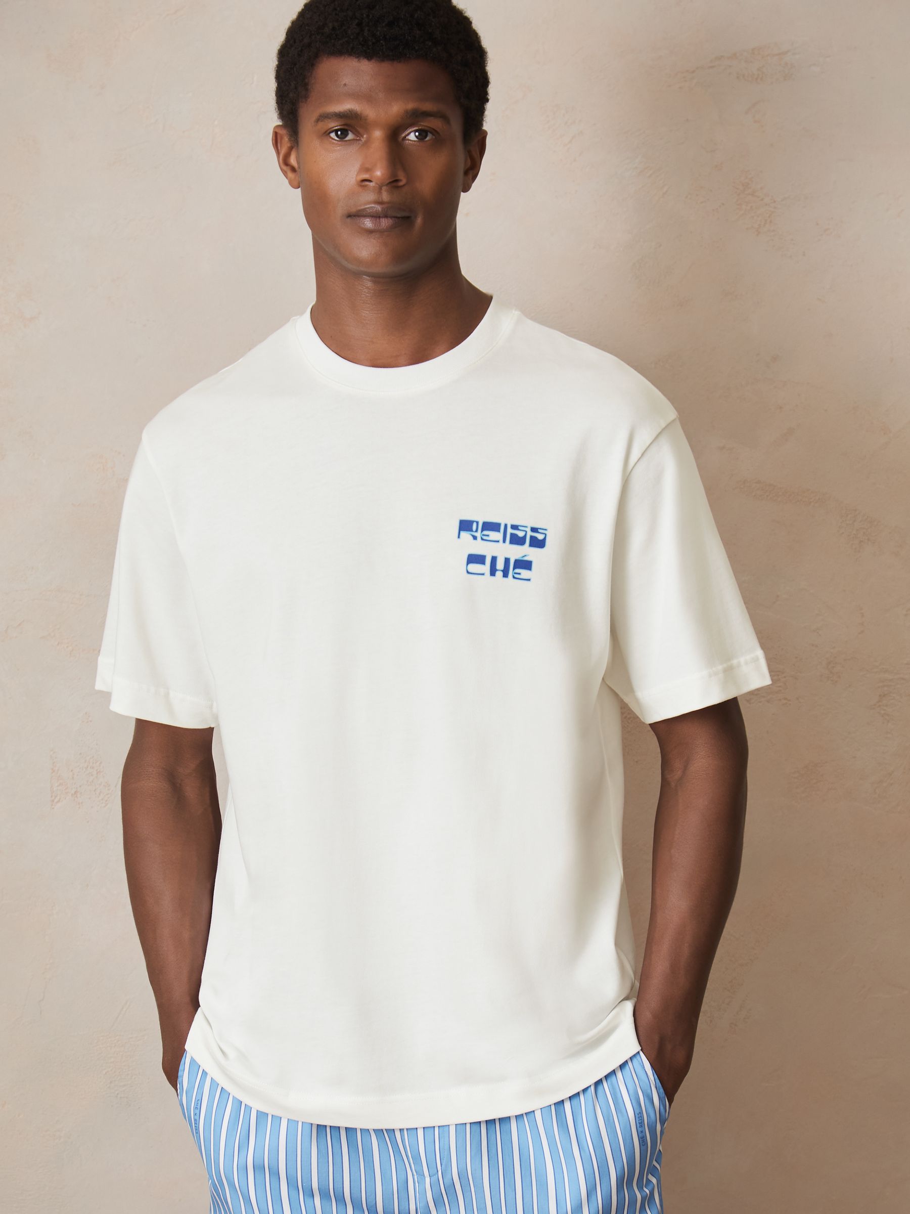Reiss | Ché Cotton Palm-Print T-Shirt in White
