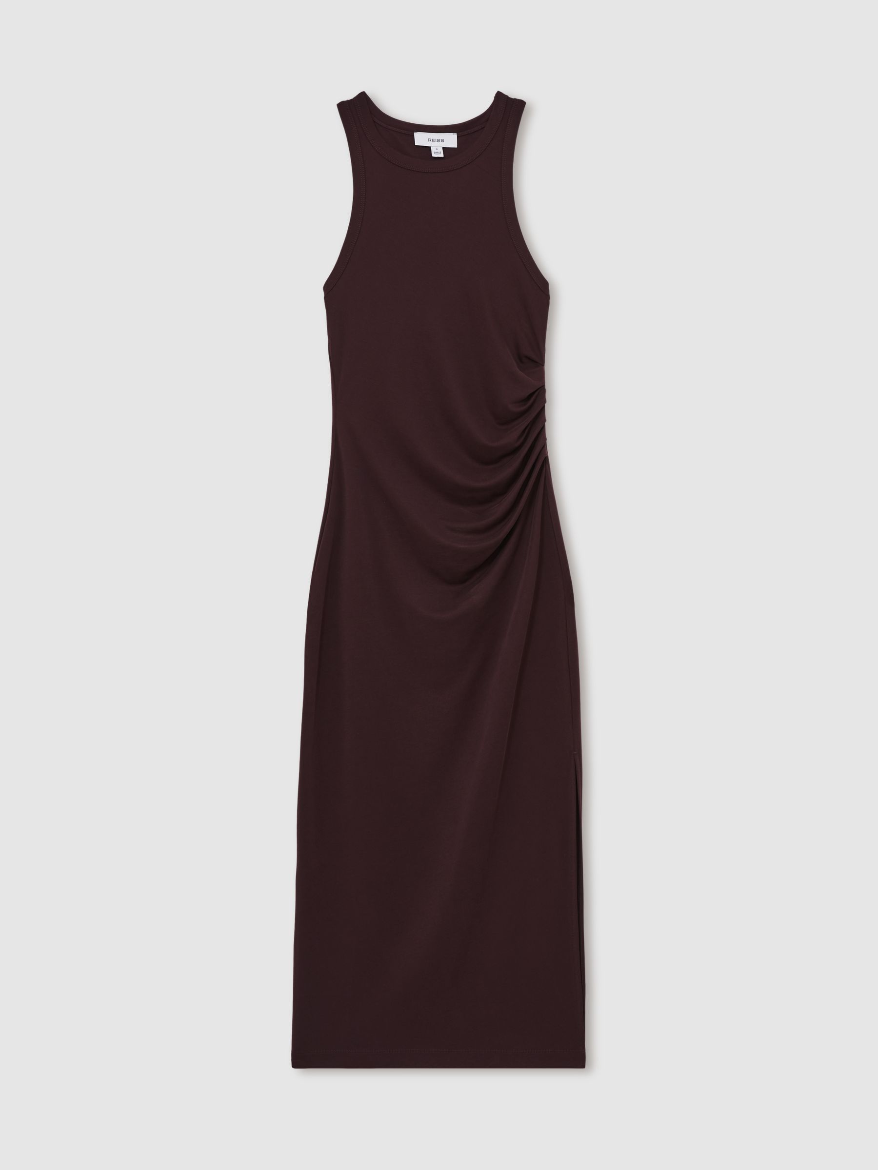 Jersey Ruched Racer Midi Dress in Burgundy