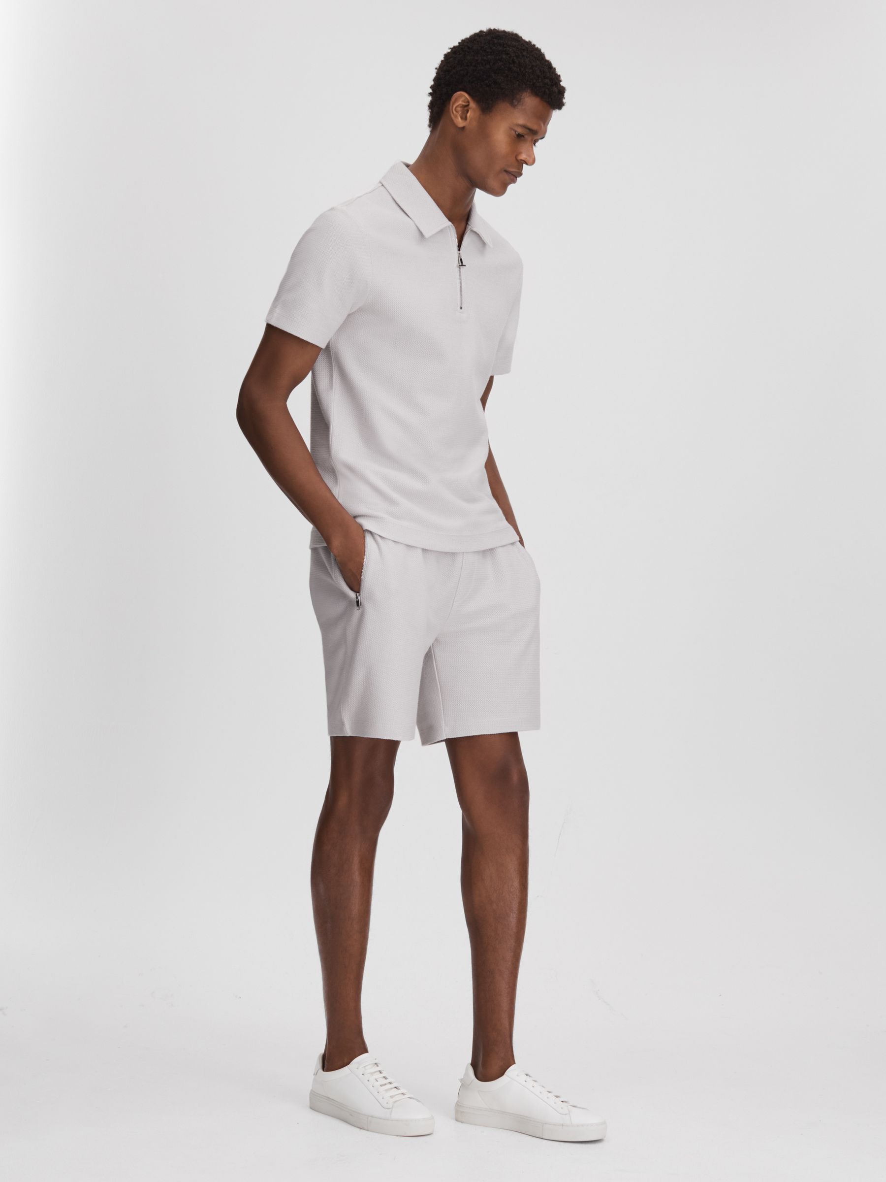 Textured Cotton Drawstring Shorts in Silver