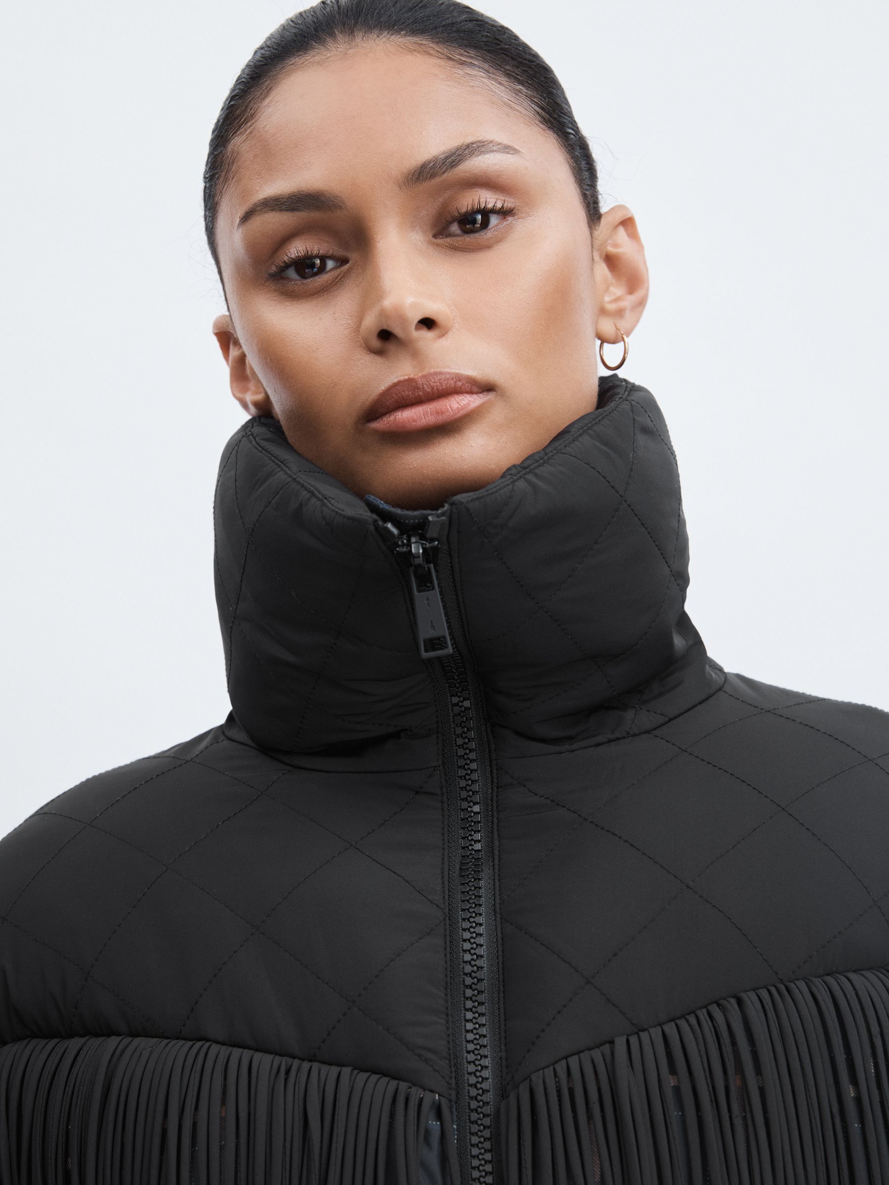 The Upside Fringed Check Puffer Coat in Black Check