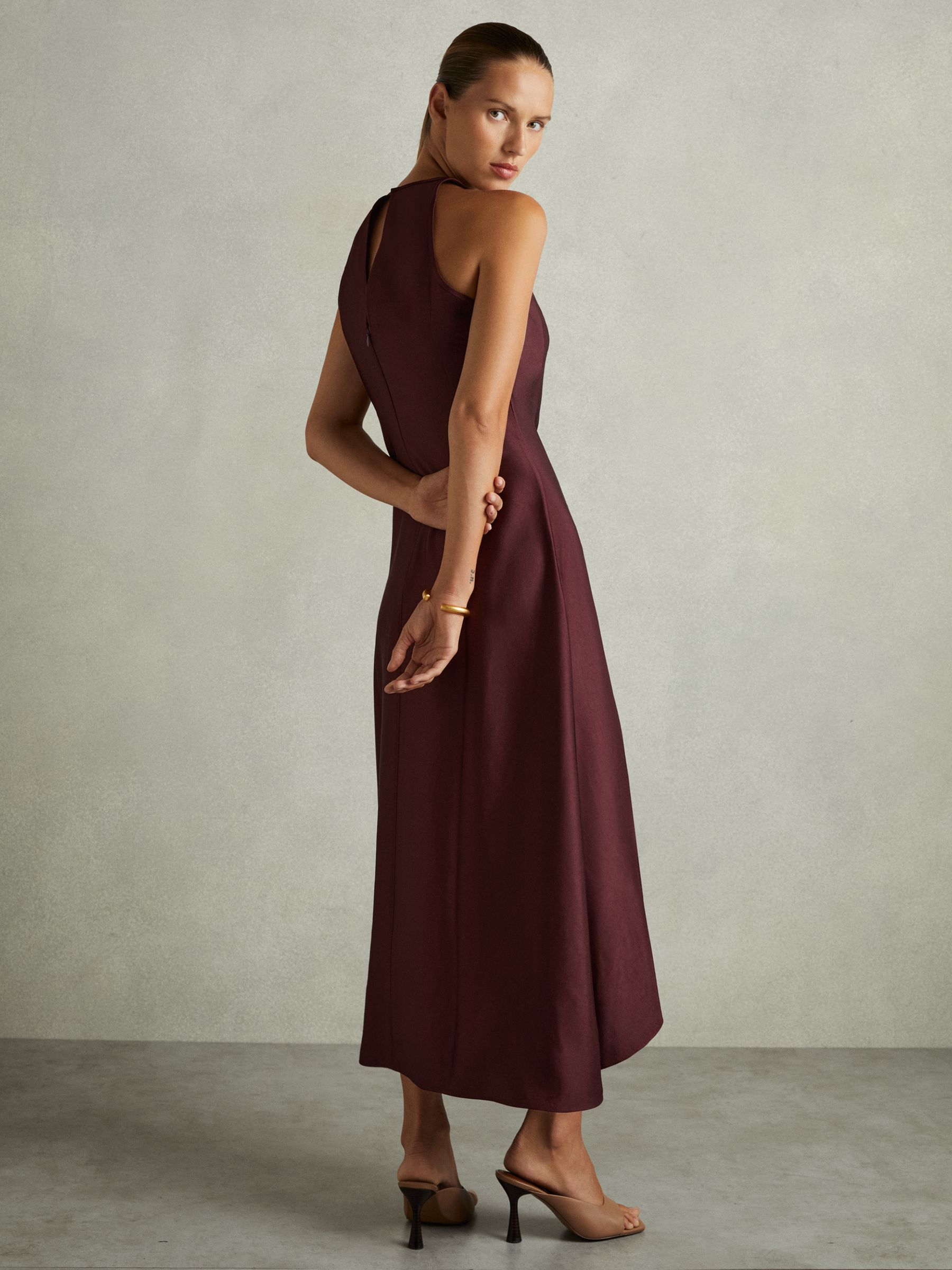 Satin Drape Tuck Midi Dress in Burgundy