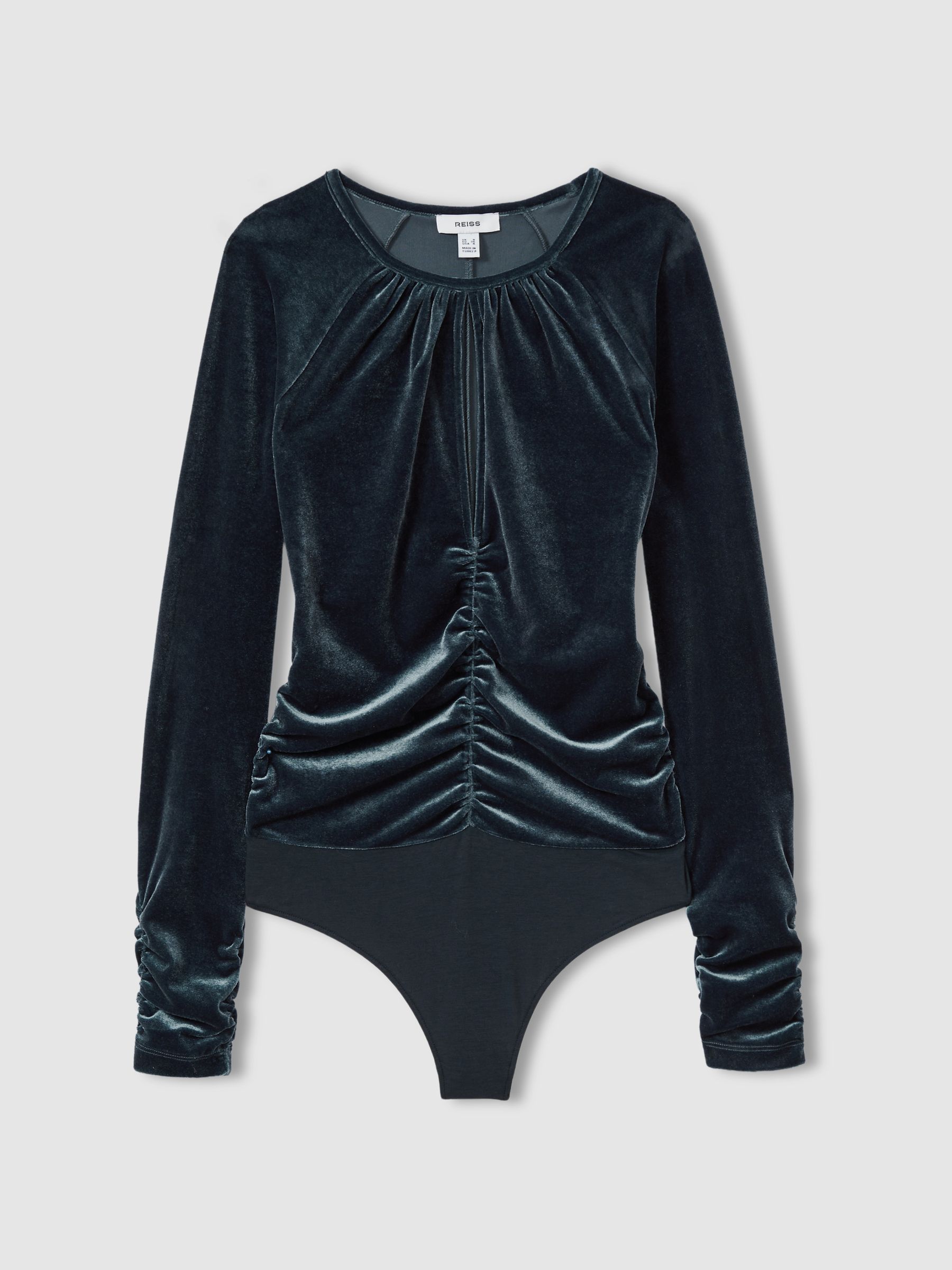 Velvet Ruched Keyhole Bodysuit in Slate Blue