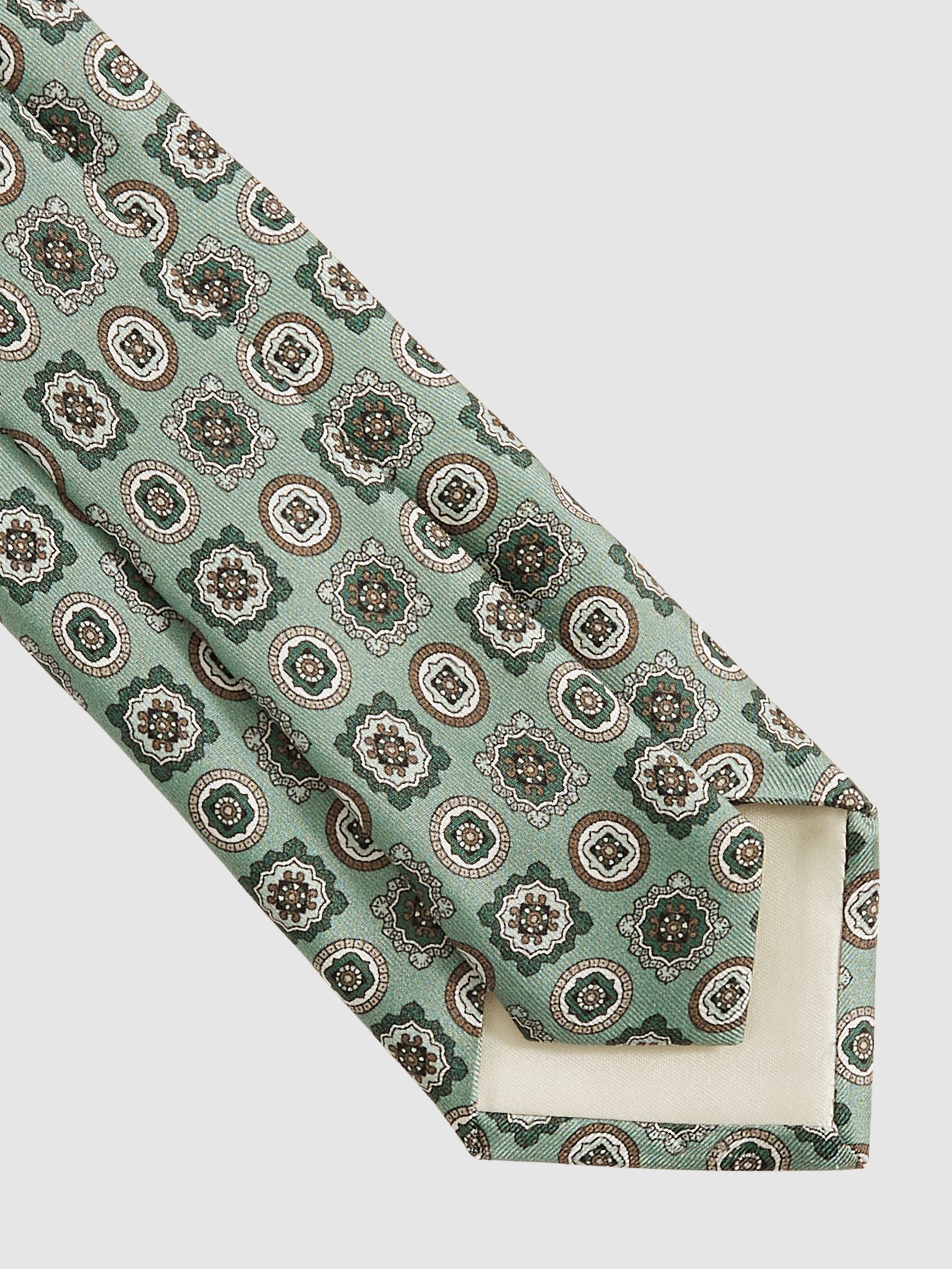 Silk Foulard Medallion Print Tie in Soft Sage