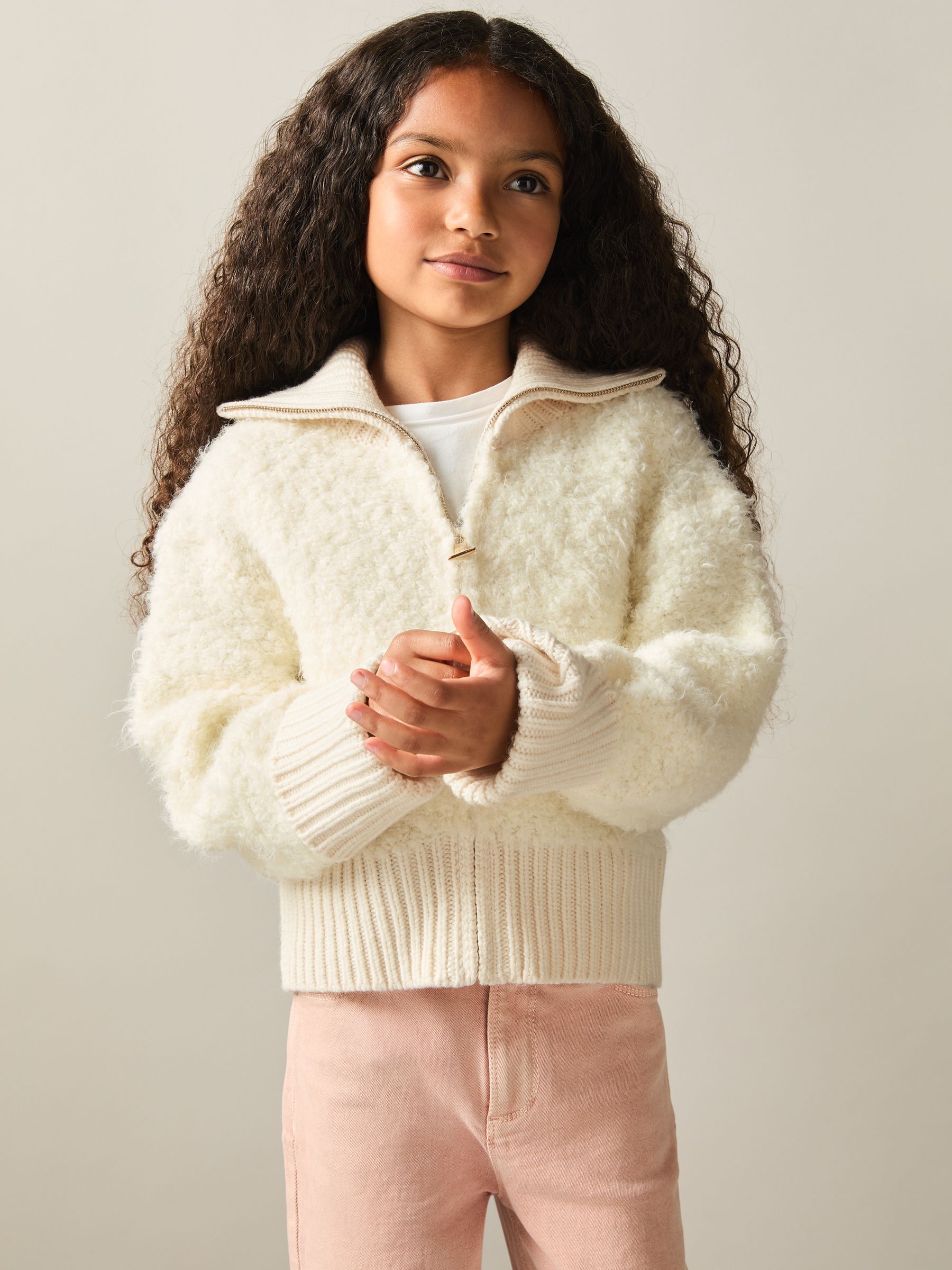 4-9 yrs Fluffy Zip-Through Cardigan With Wool in Cream