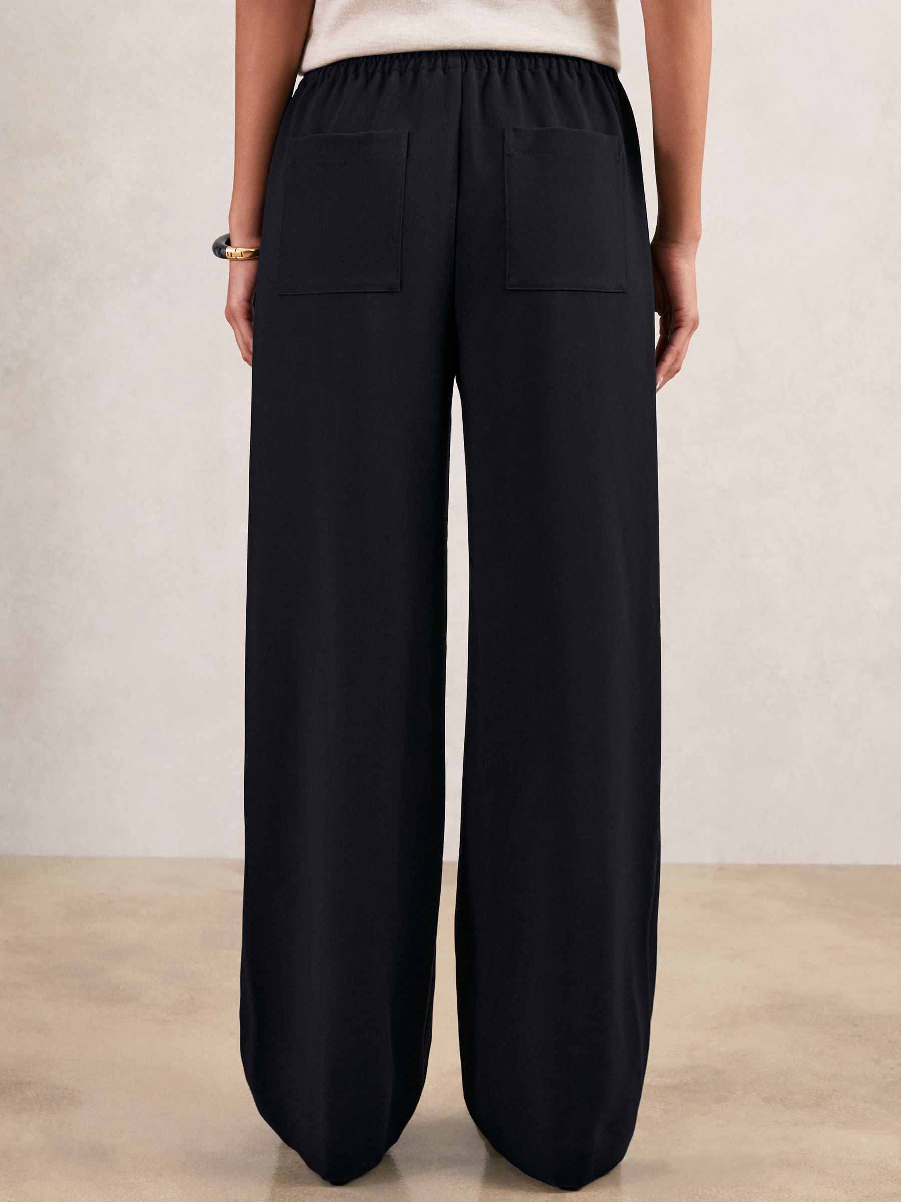 Petite Wide Leg Elasticated Waist Trousers in Navy