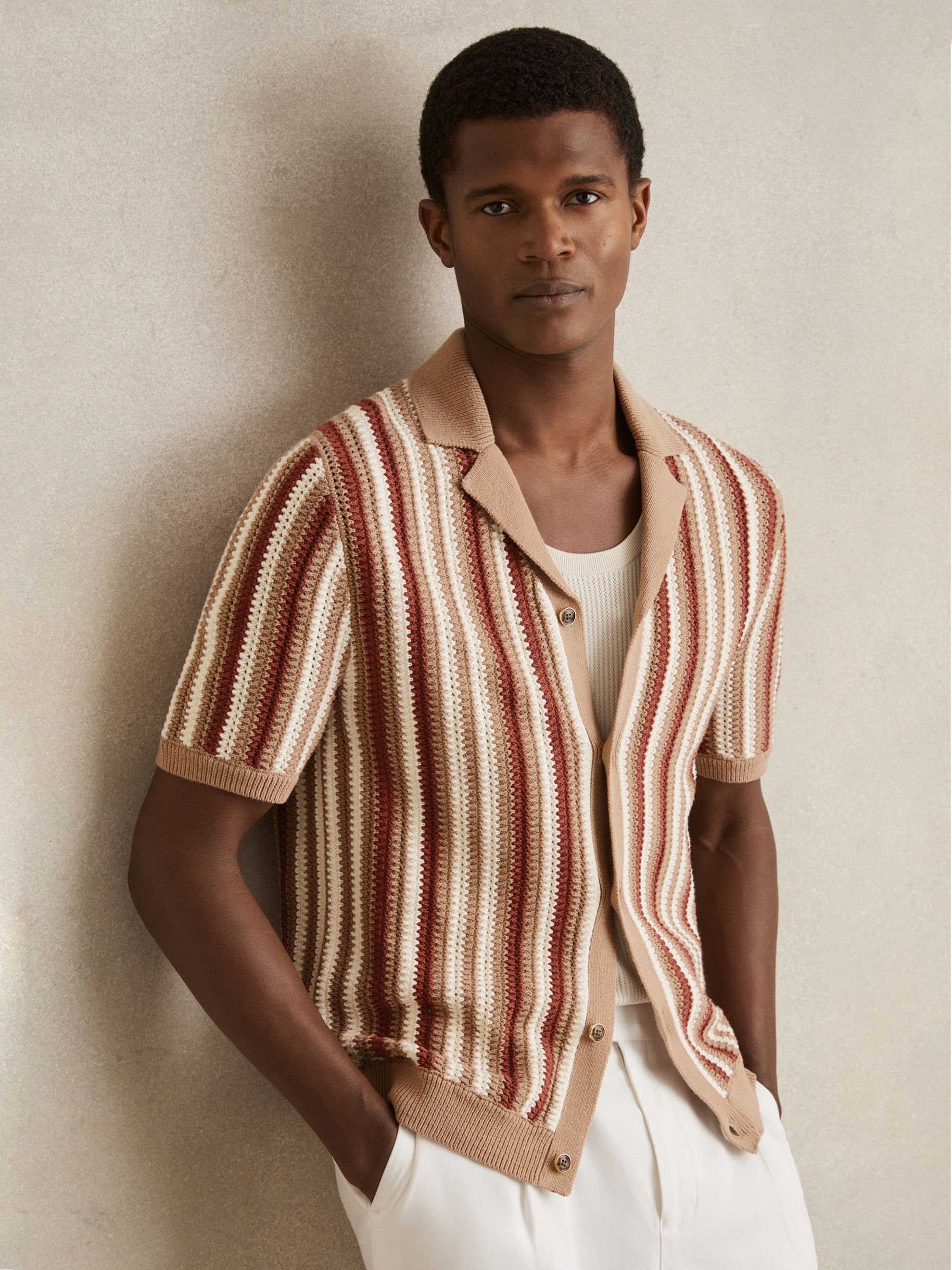 Cotton Crochet Stripe Cuban Shirt in Camel Multi