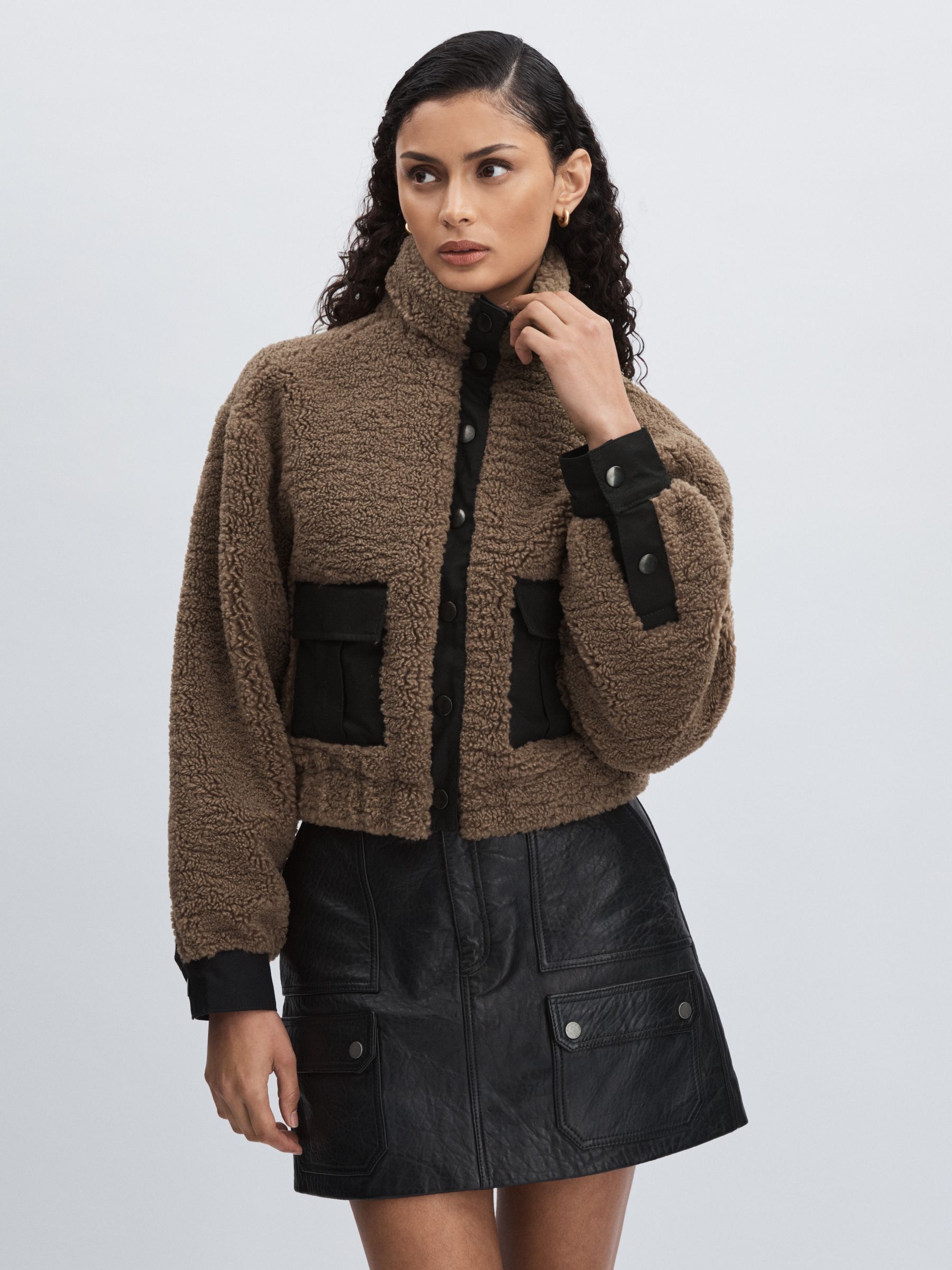 Paige Faux-Shearling Press-Stud Jacket in Cocoa