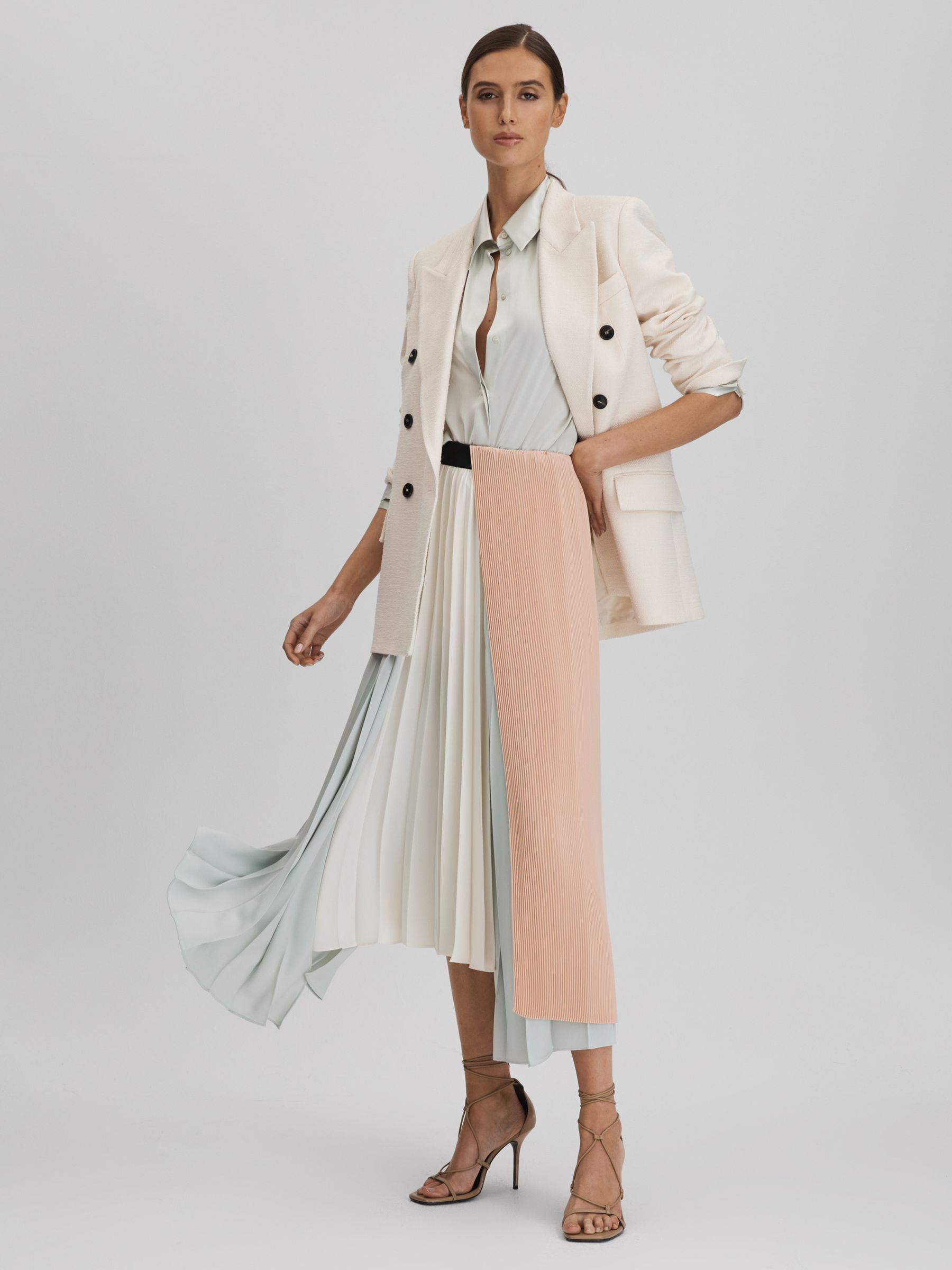 Pleated Asymmetric Midi Skirt in Pink/Cream