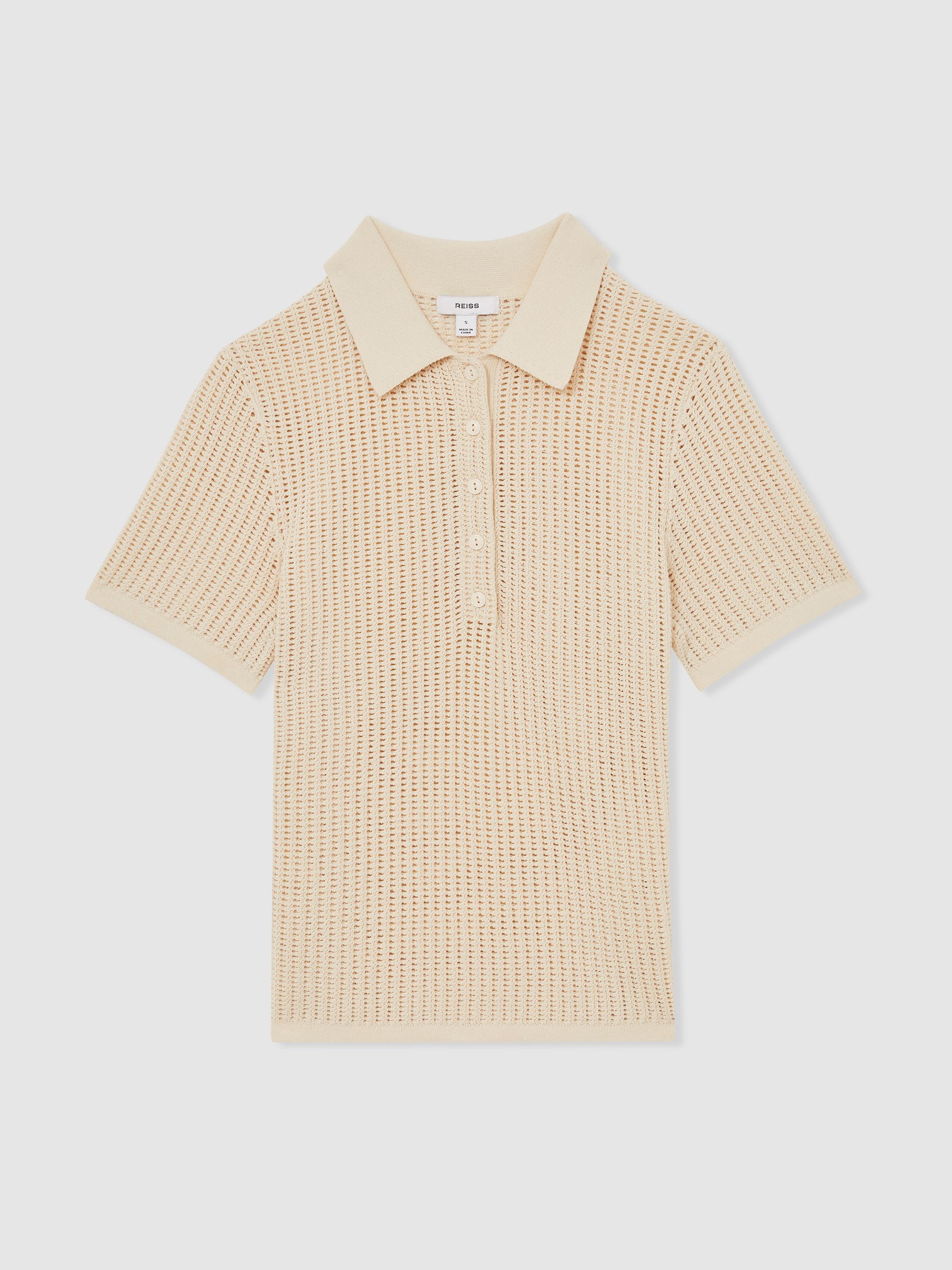 Cotton-Blend Open-Knit Polo Shirt in Ivory