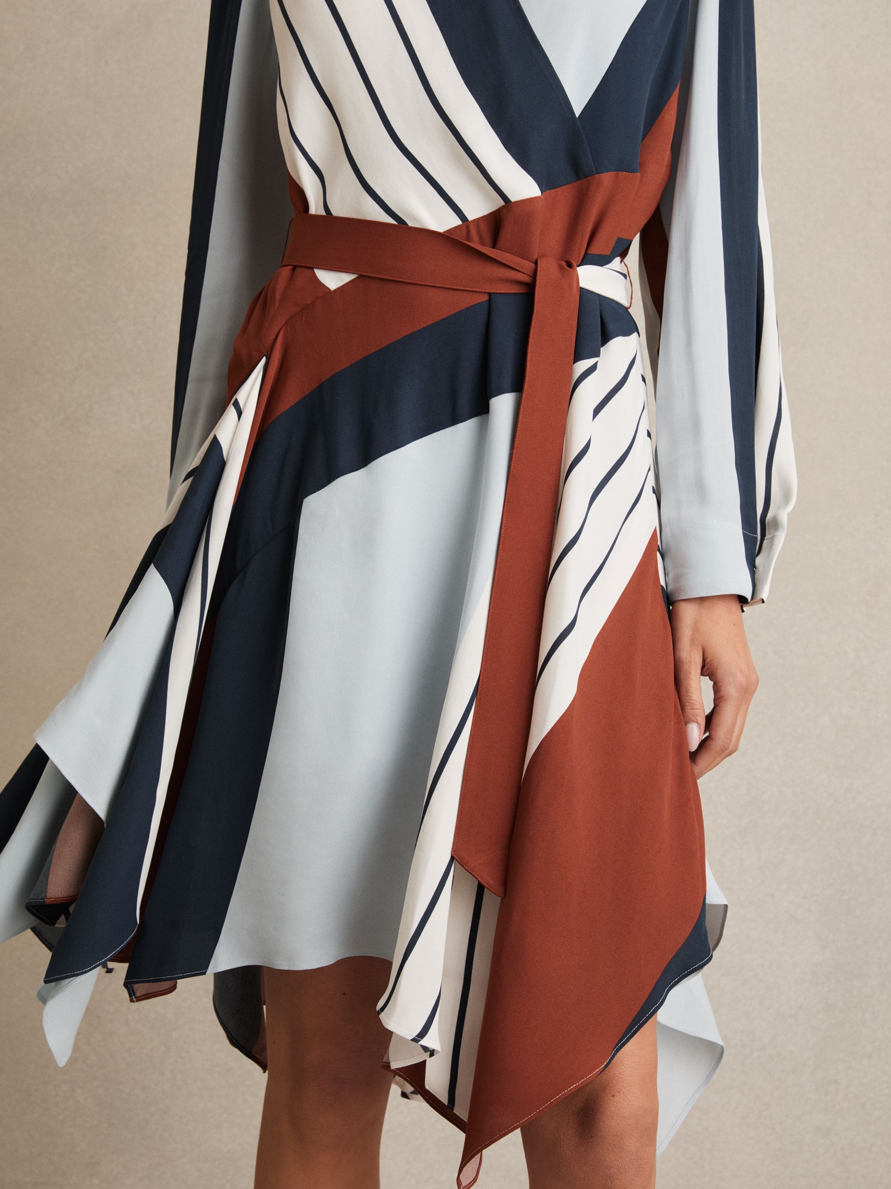 Stripe-Print Wrap Dress in Navy/Brown