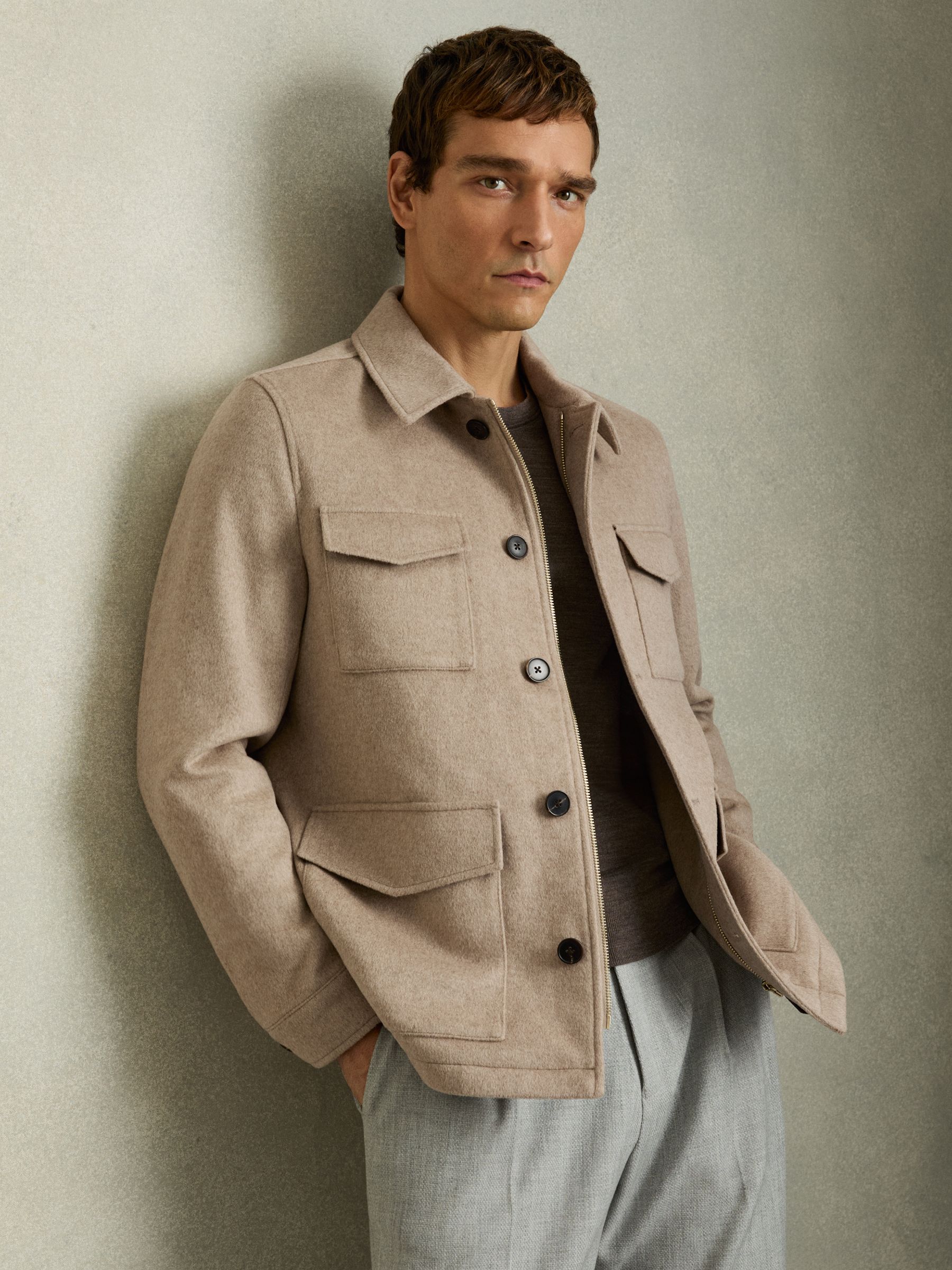 Wool-Blend Zip-Through Four-Pocket Jacket in Oatmeal Melange