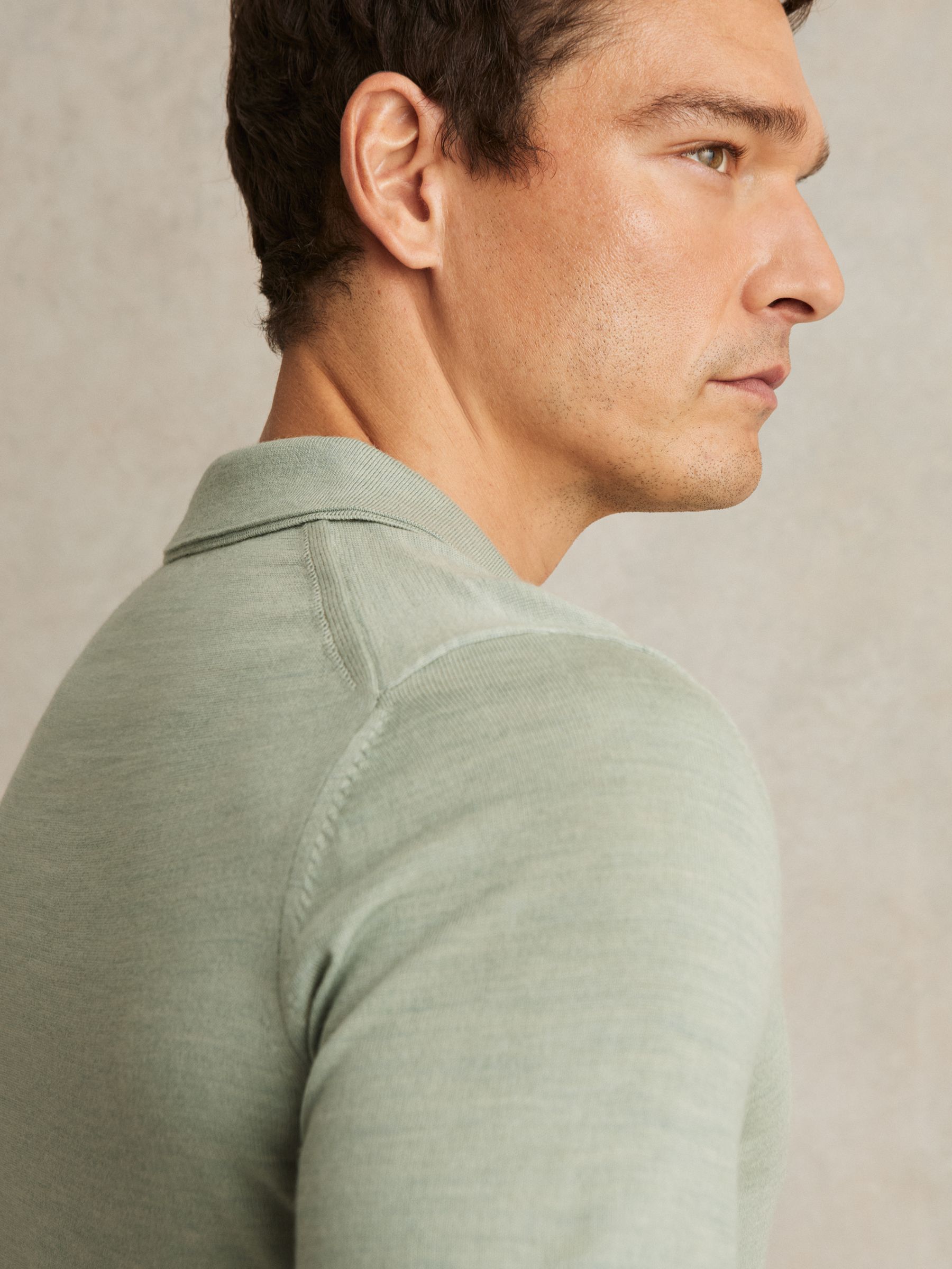 Merino Wool Open-Collar Polo Shirt in Sage Green Melange