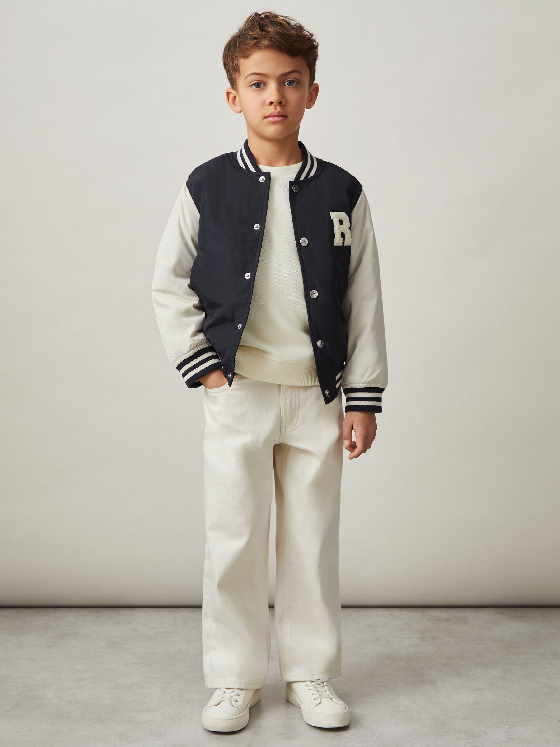 13-14 yrs Colour-Block Varsity Bomber Jacket in Navy/ Off White