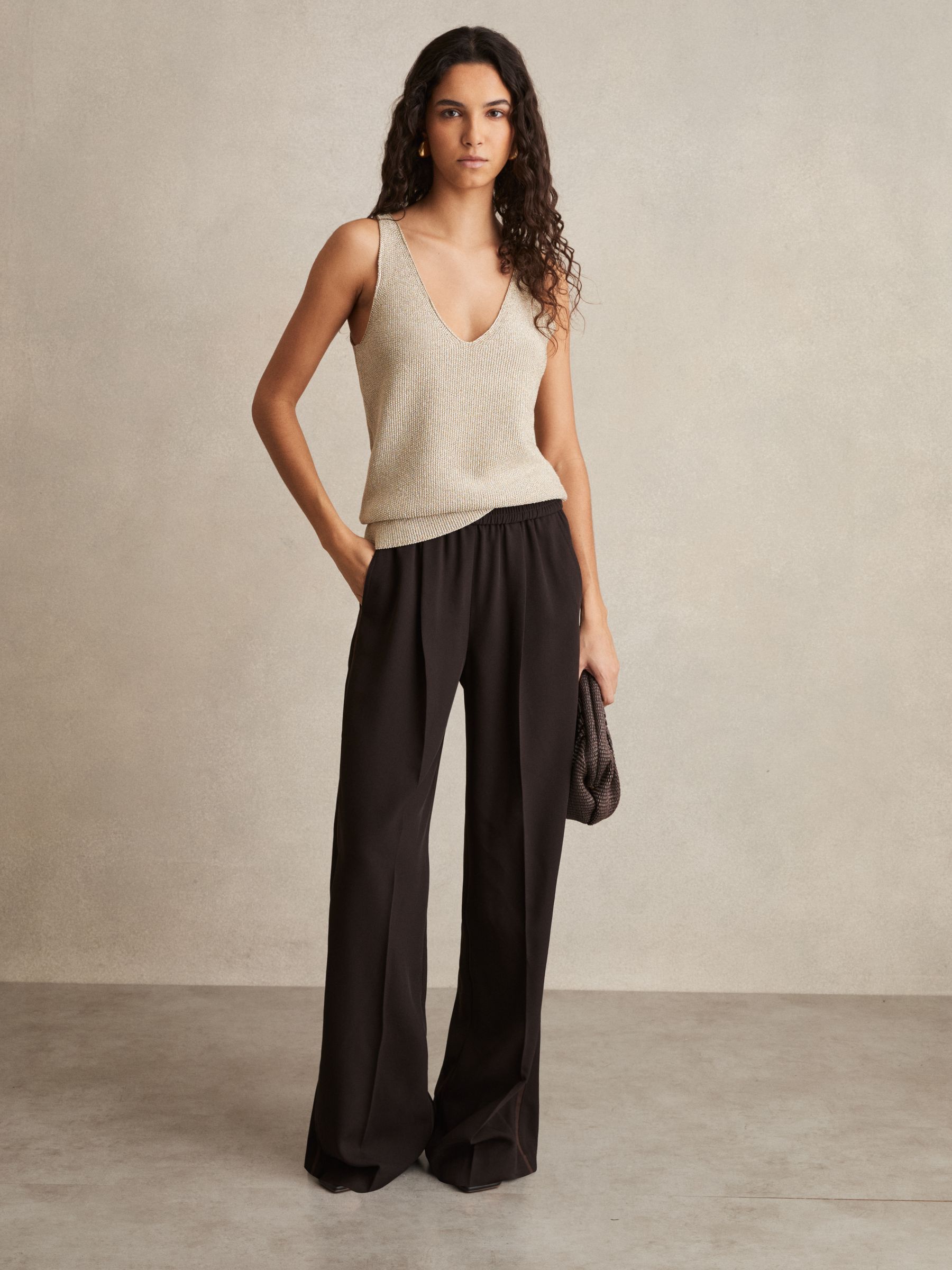 Elasticated Side Stripe Wide Leg Trousers in Chocolate Brown