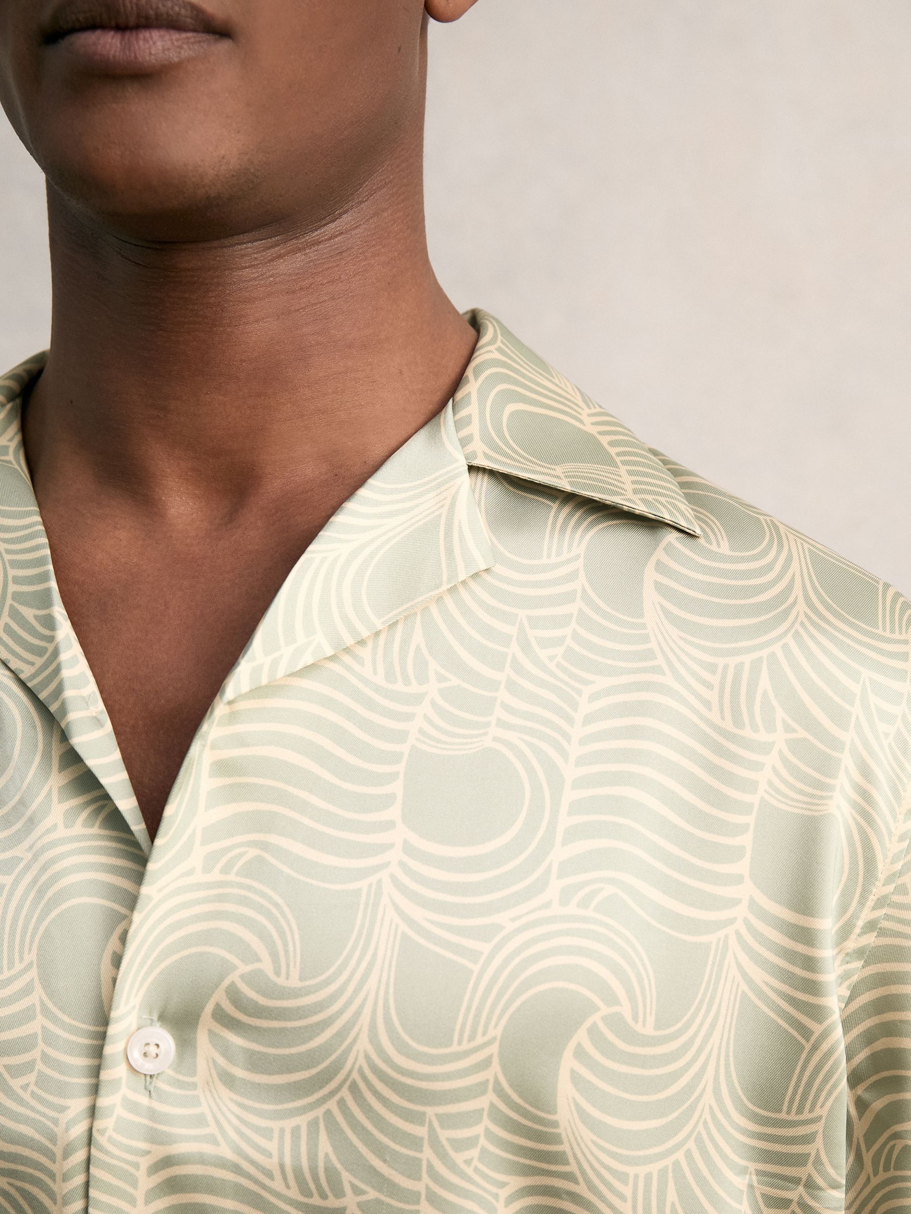 Wave Print Cuban Collar Shirt in Sage Green