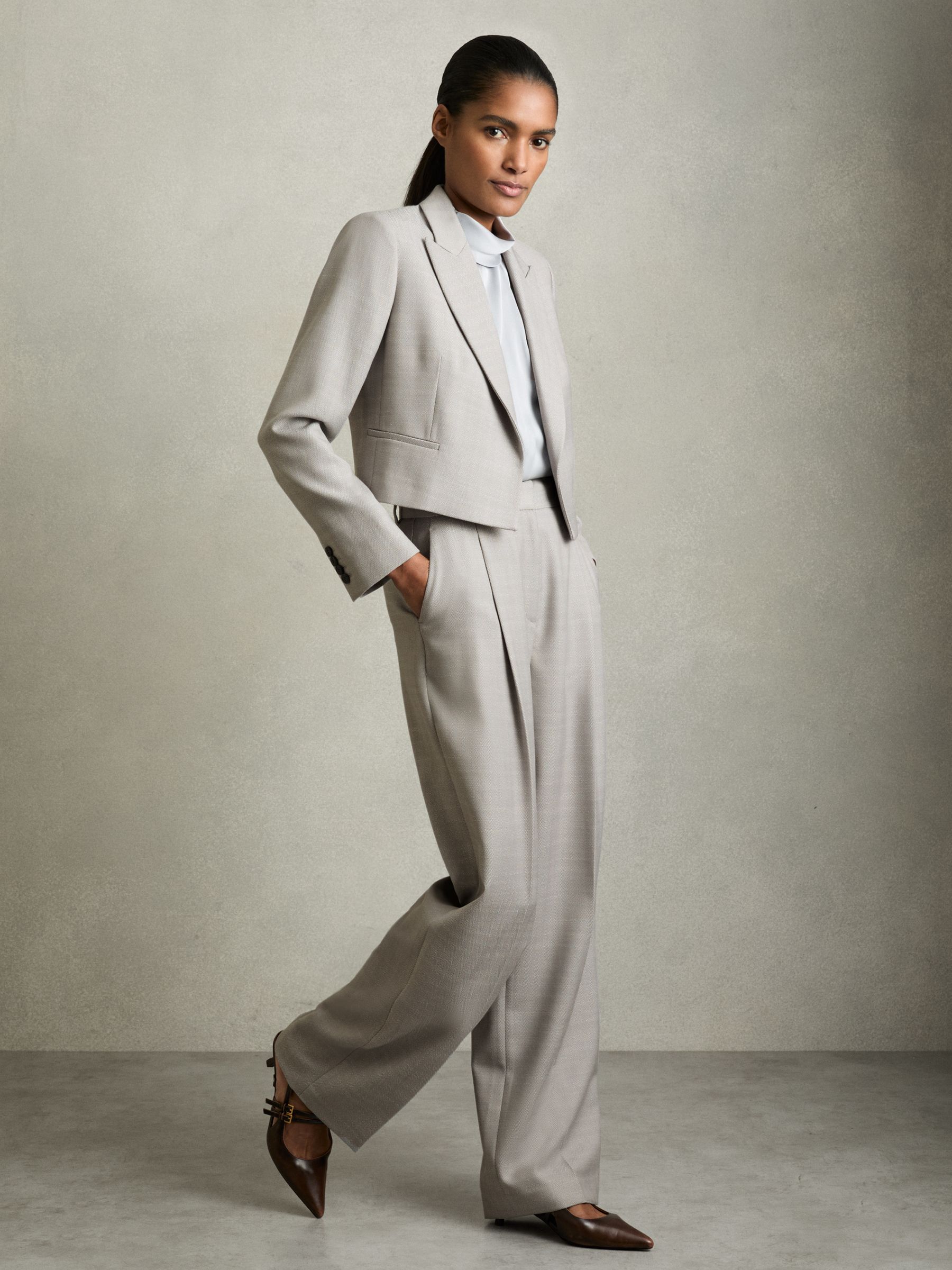 Double-Breasted Cropped Wool-Blend Blazer in Grey