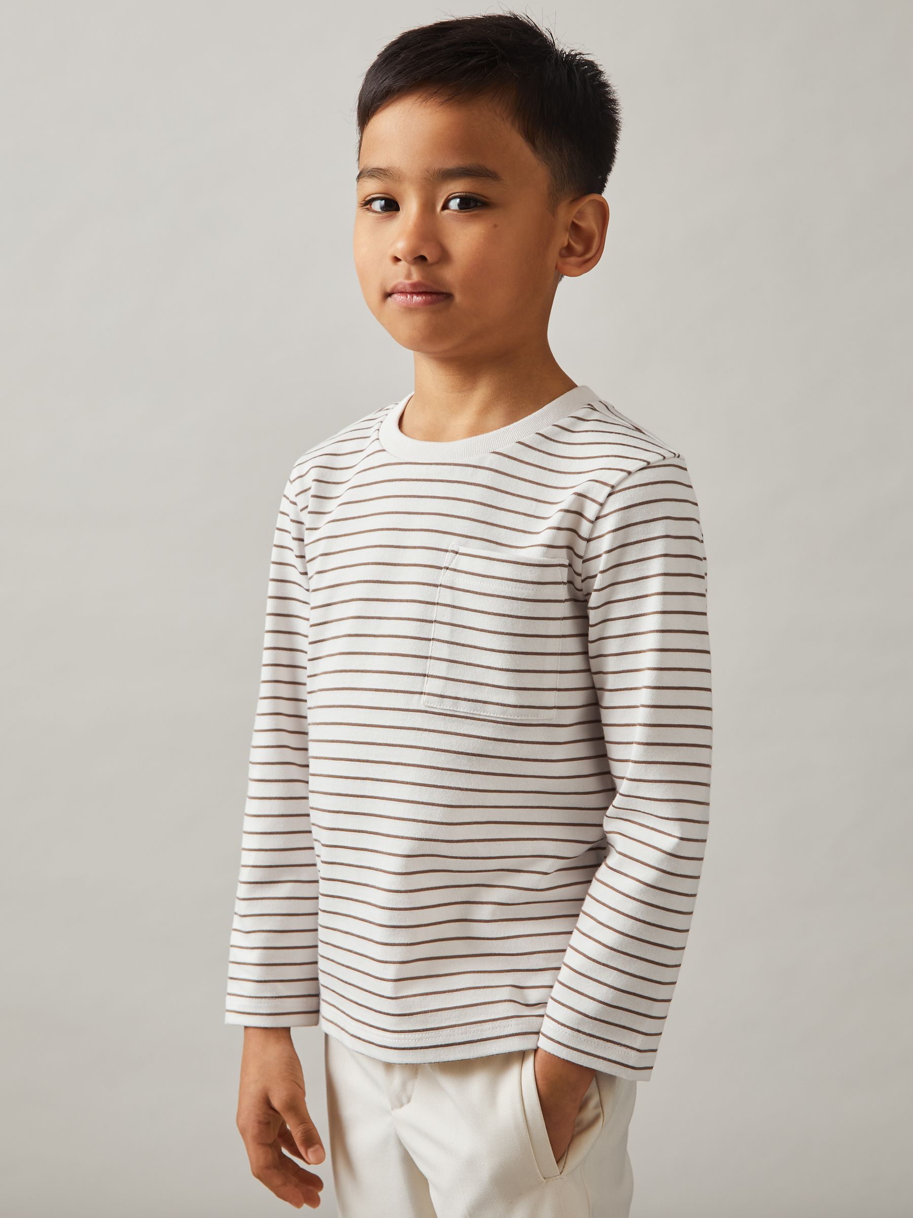 9-13 yrs Stretch-Cotton Stripe T-Shirt in Off White/Camel