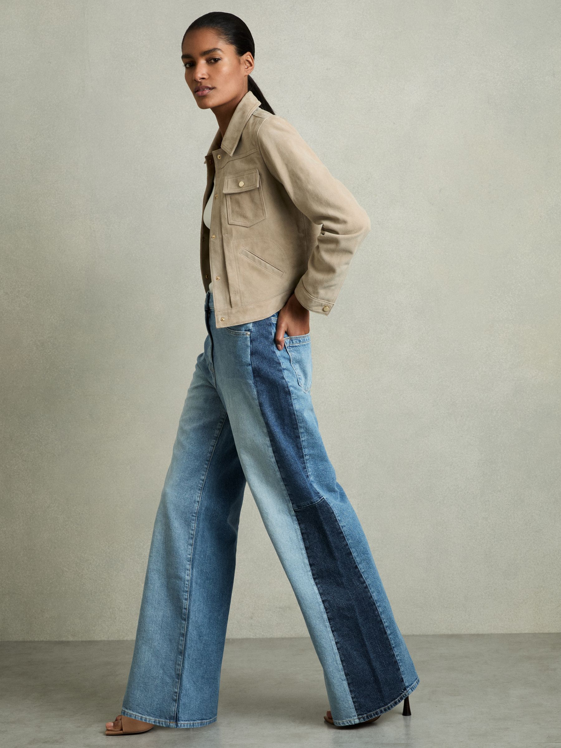 Petite Wide-Leg Contrast-Panel Jeans in Light Blue