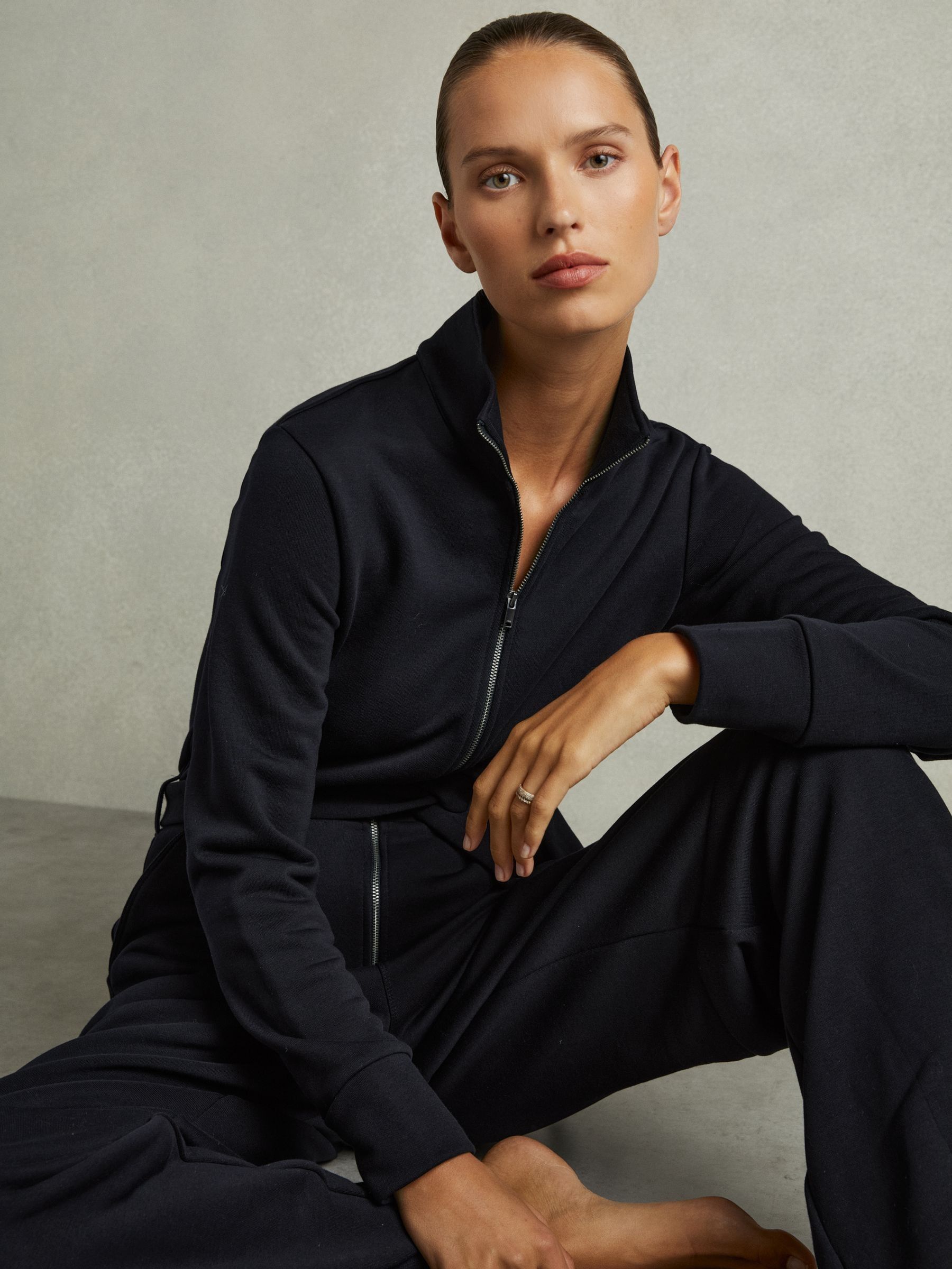 Belted Loopback-Jersey Jumpsuit in Navy