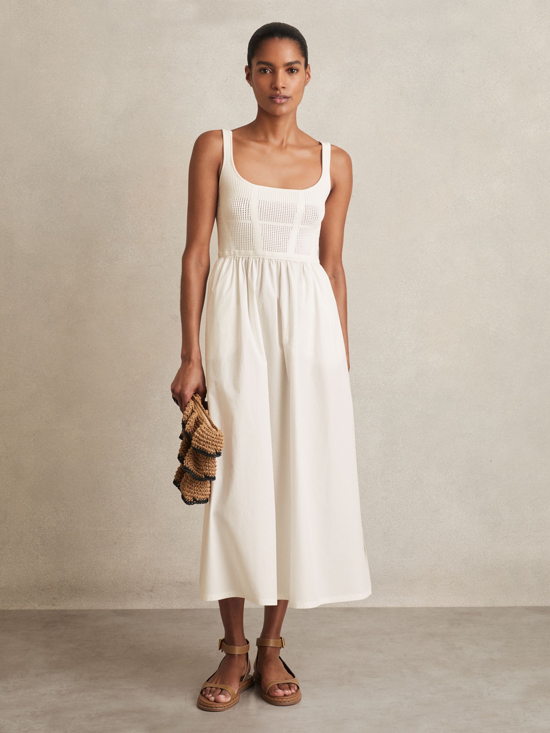 Perforated-Knit Cotton-Skirt Midi Dress in Ivory