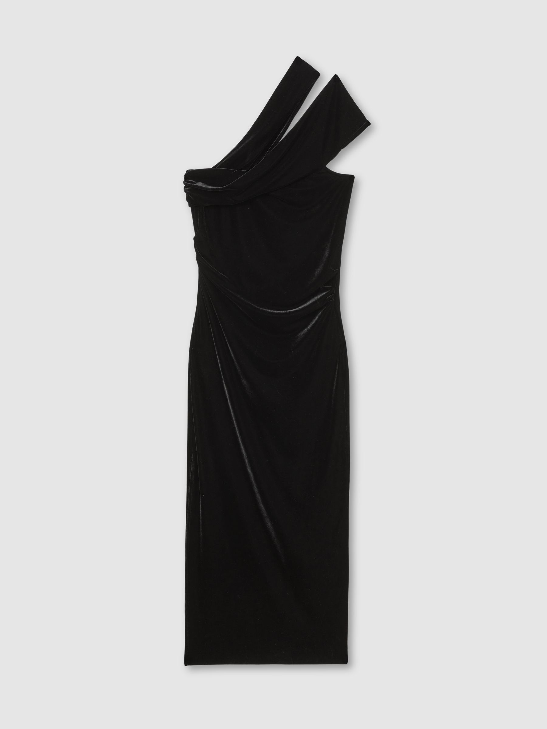 Velvet One-Shoulder Midi Dress in Black